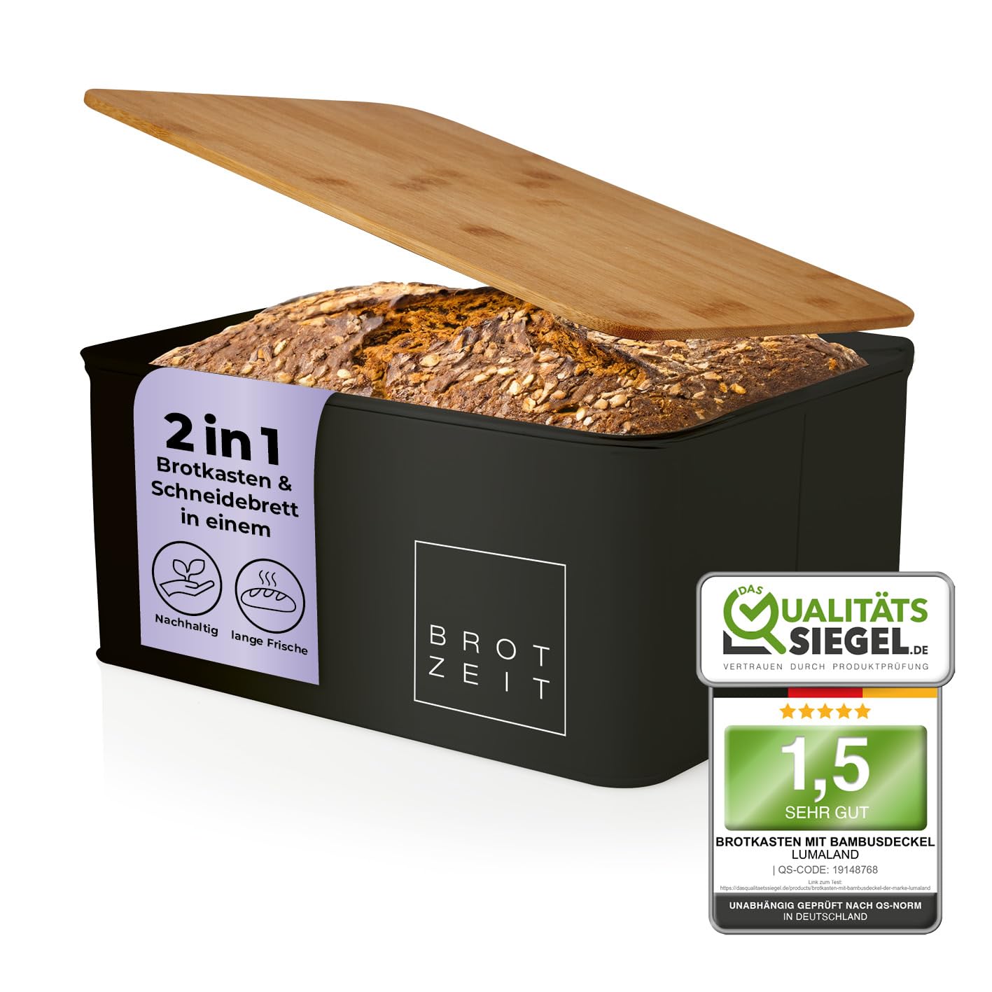 Lumaland Cuisine Panera, fiambrera de metal con tapa de bambú, caja rectangular de 30,5 x 23,5 x 14 cm, fiambrera y tabla de cortar 2 en 1 [negro]