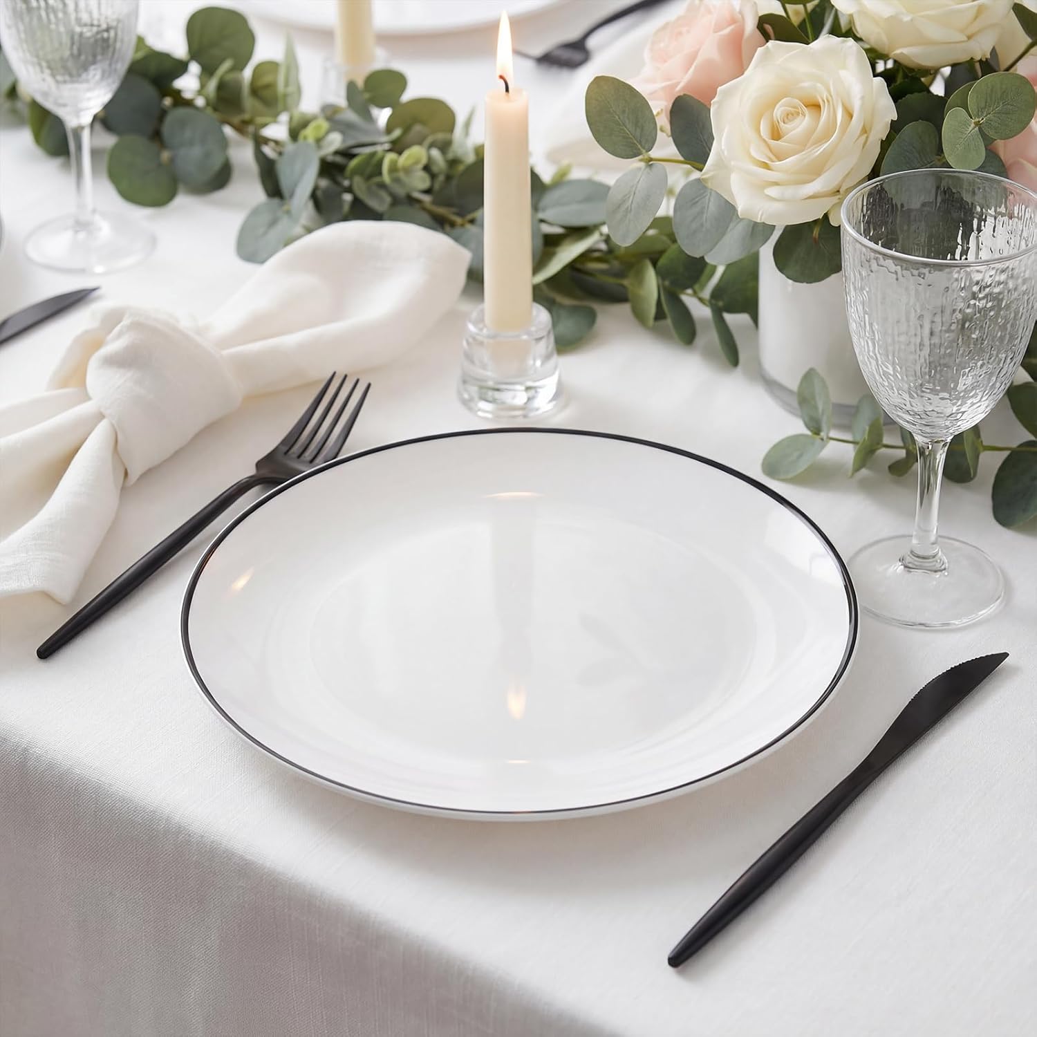 EI 180pcs White Plastic Dinnerware Set Include Black Disposable Silverware,Dinner and Dessert Plates,Cups,White Plastic Plates with Black Rim Perfect for Wedding,Birthday,Partys,Business Events,Hotel