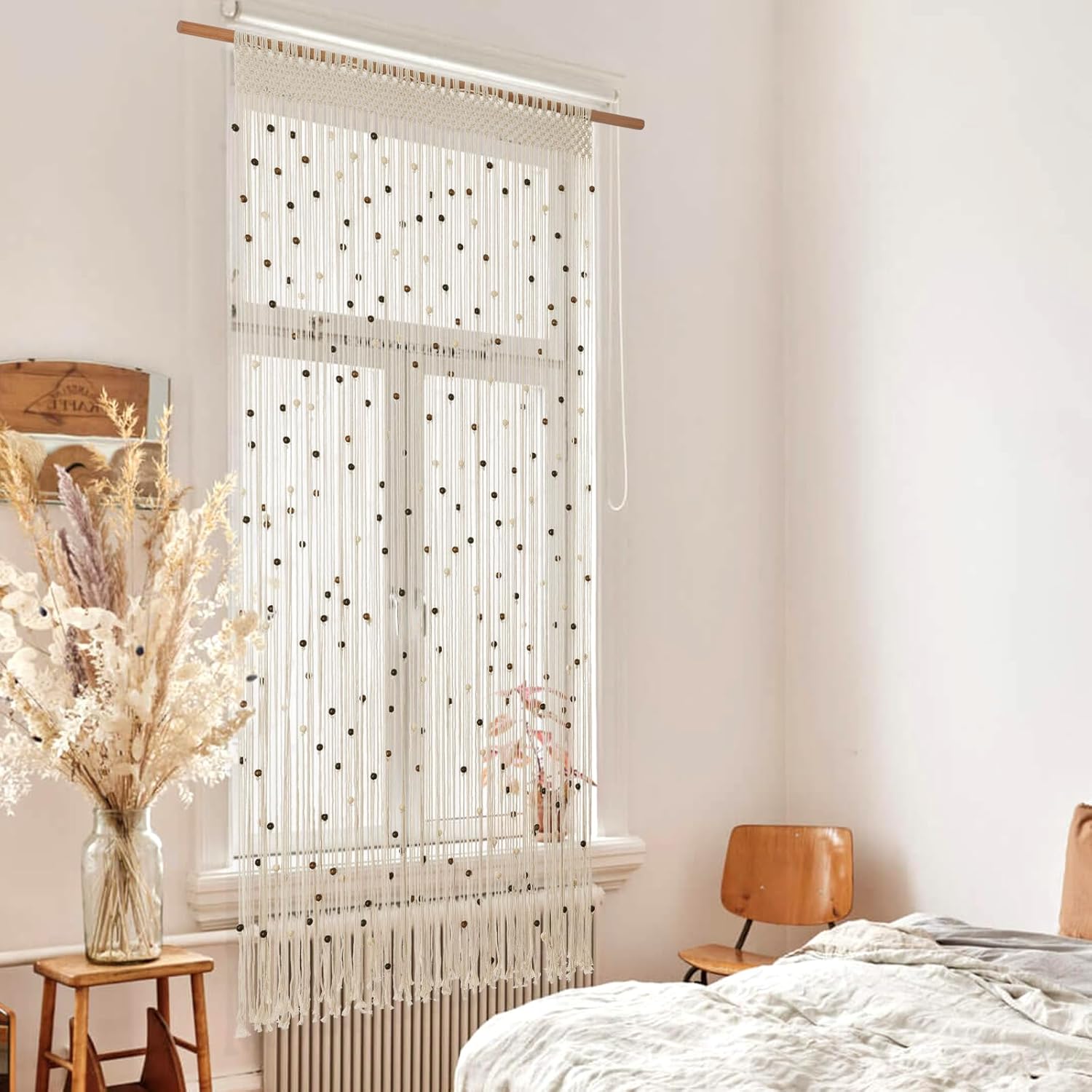 BECHAEO Macrame Beaded Curtain Boho Handmade Cotton Door String Curtain for Doorway Window Wooden Beads Hanging Hippie Room Divider Closet Bedroom Privacy Decor, Brown - 2 Panels 79" x 35"