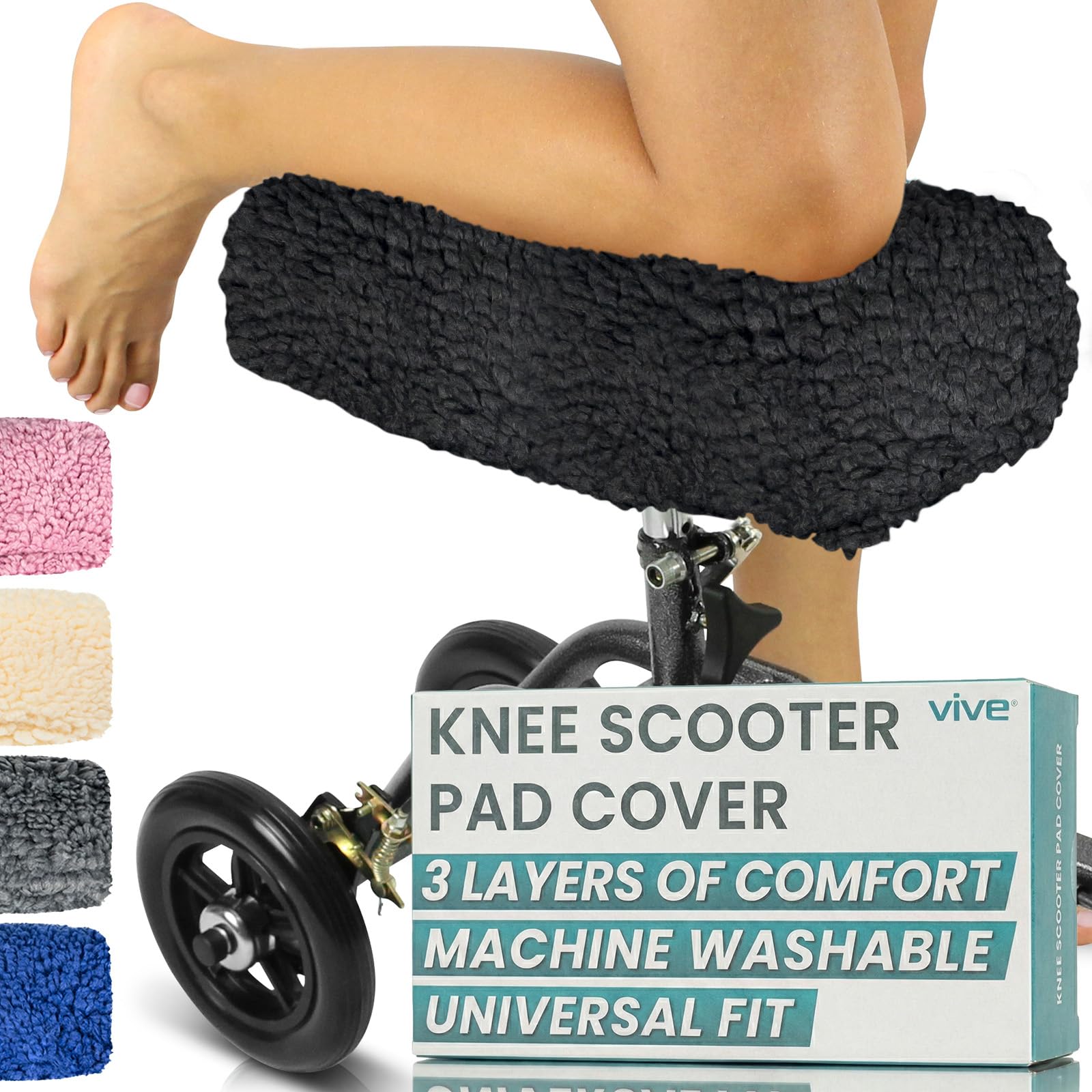 Vive Mobility Knee Scooter Pad Cover - Soft Plush Adult Sheepskin Memory Foam Cushion, Walker Accessory for Knee Roller, Padded Accessories Leg Cart Improves Comfort with Injury, Universal Fit (Black)