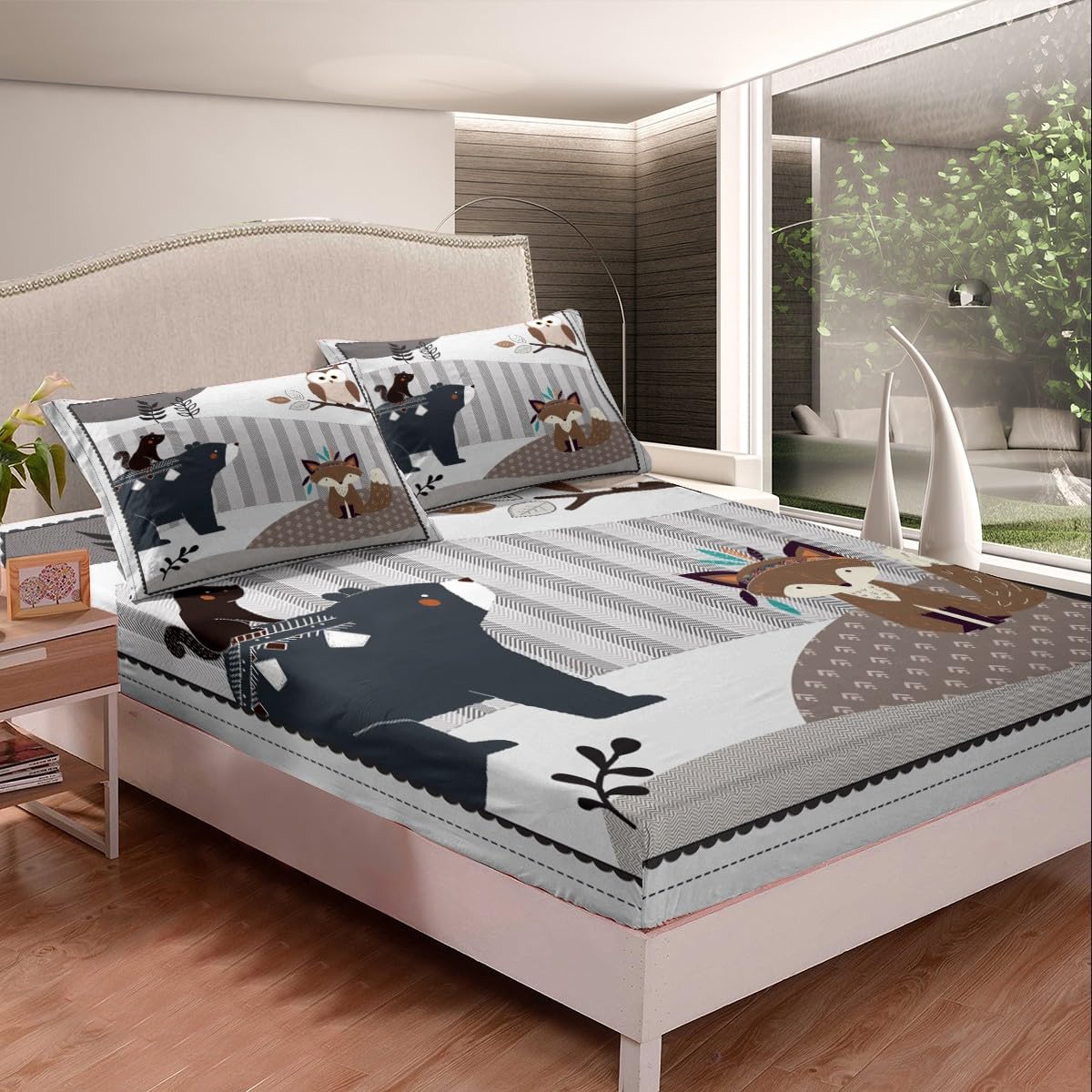 Kids Cartoon Animal Fitted Sheet,Cute Bear Owl Fox and Plant Soft Luxury Mattress Cover 3pcs Full Size,Exotic Indian Style Bed Sheet for Girls Teens, All Round Elastic Deep Pocket,No Flat Sheet