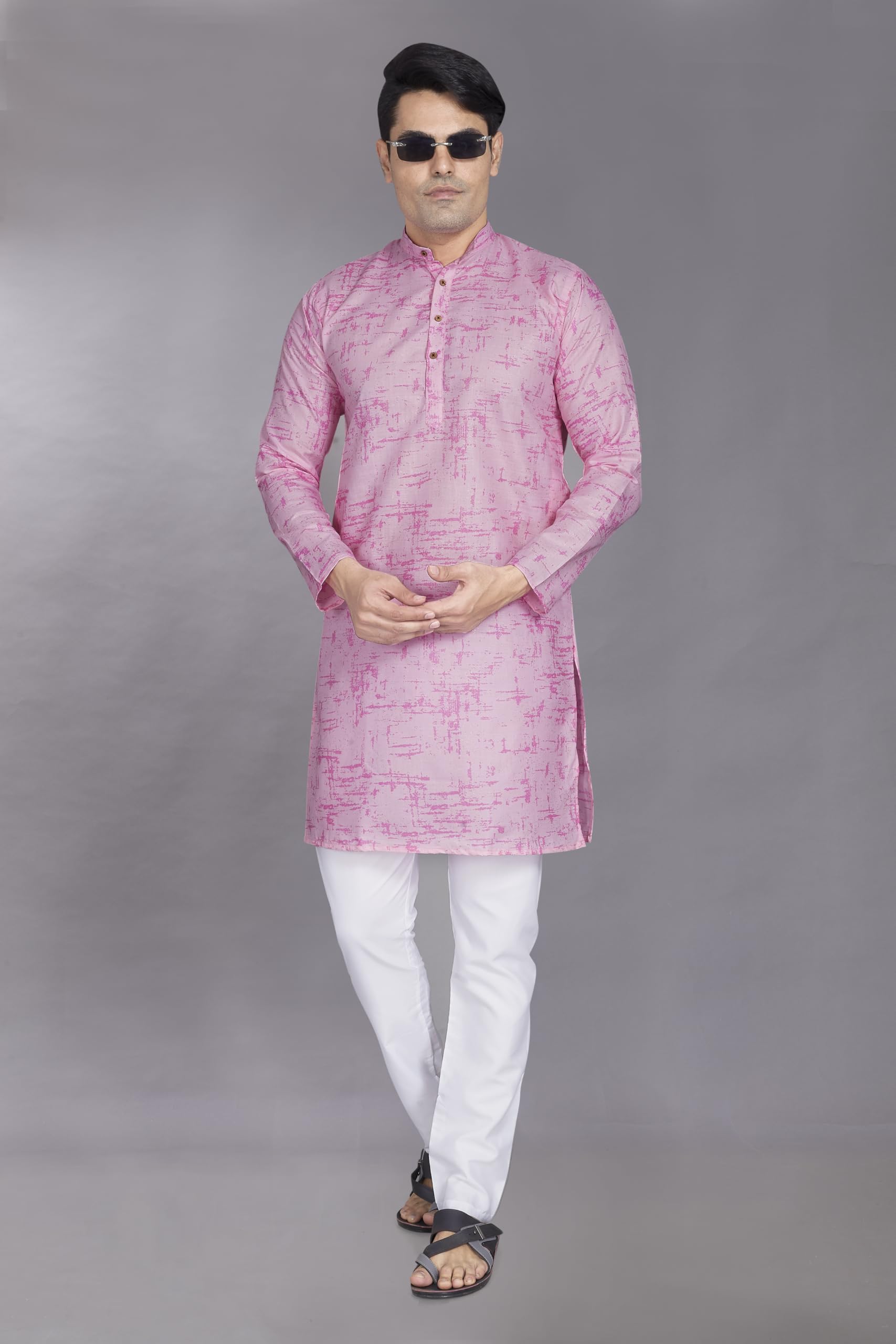 Divisive Men's Printed Cotton Blend Linen Slim Fit Kurta Pyjama Set (Dkrt871_Xl_Pink)