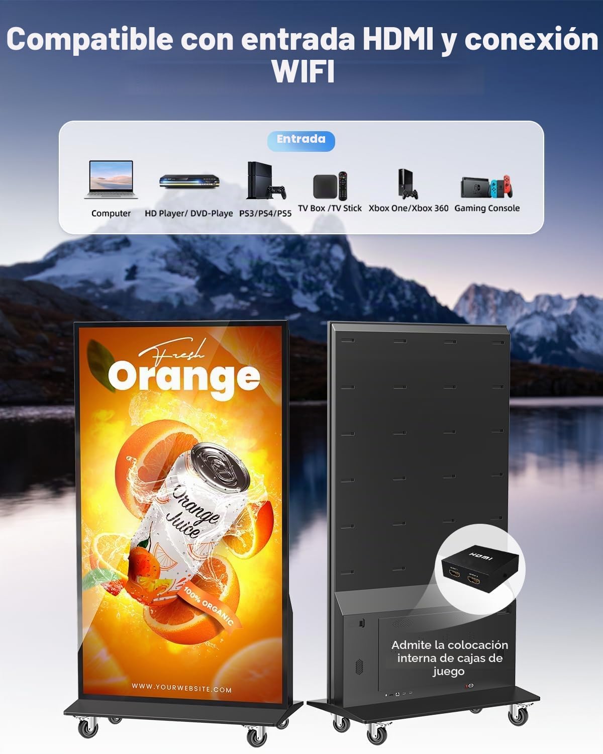 Totem Digital Publicitario 4K UHD Full Screen, Pantalla de 75" para Interior, Caballete Digital con Android OS, Soporte Publicitario Móvil con Ruedas, Kiosco LCD con Temporizador, WiFi/USB/HDMI, Negro