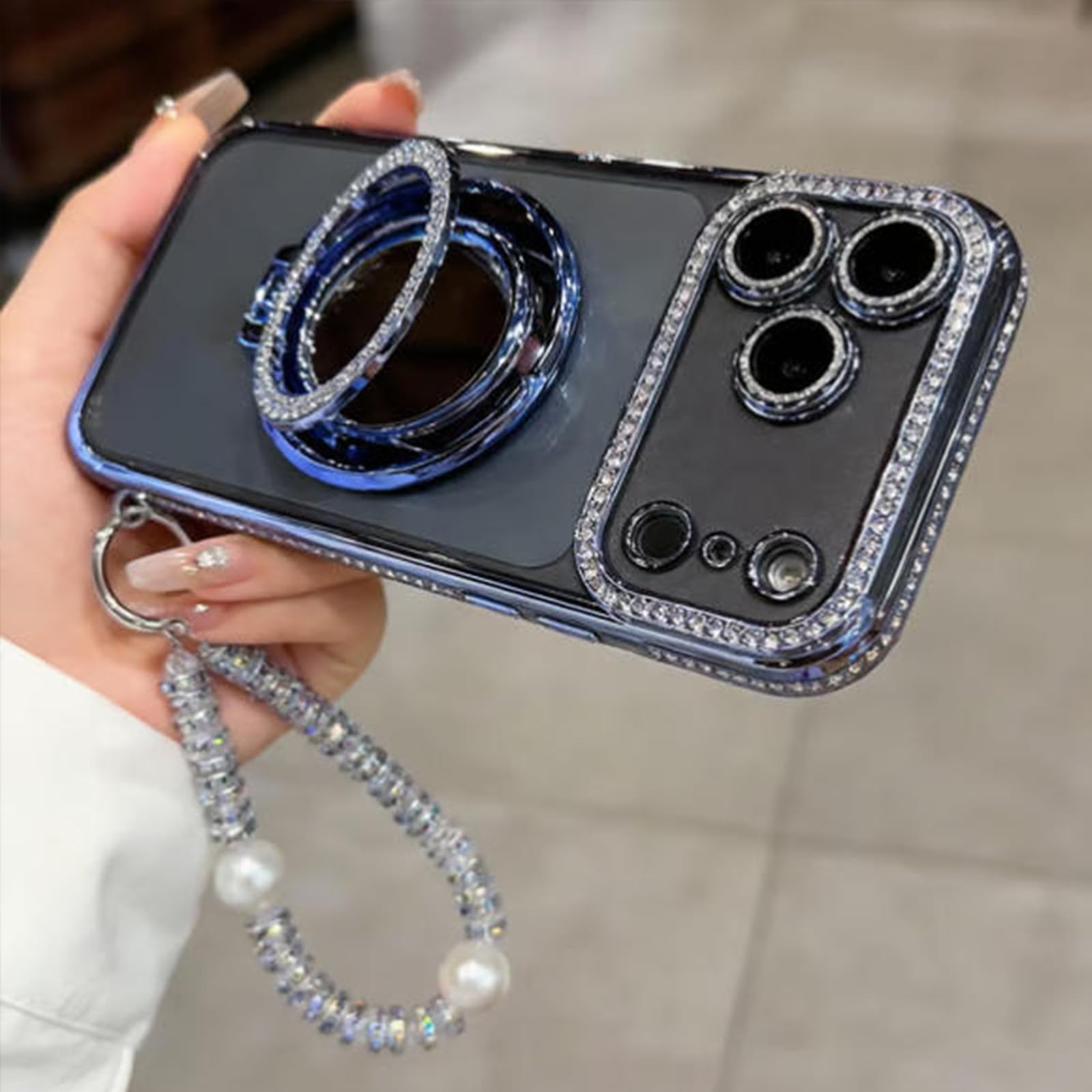 Sparkling Diamond Women's Phone Case with Mirror & Stand for IPhone 12/13/14/15/16/17 Pro Max,17air,14/15/16 Plus, Magnetic Stand Holder (Blue,17 Pro Max)