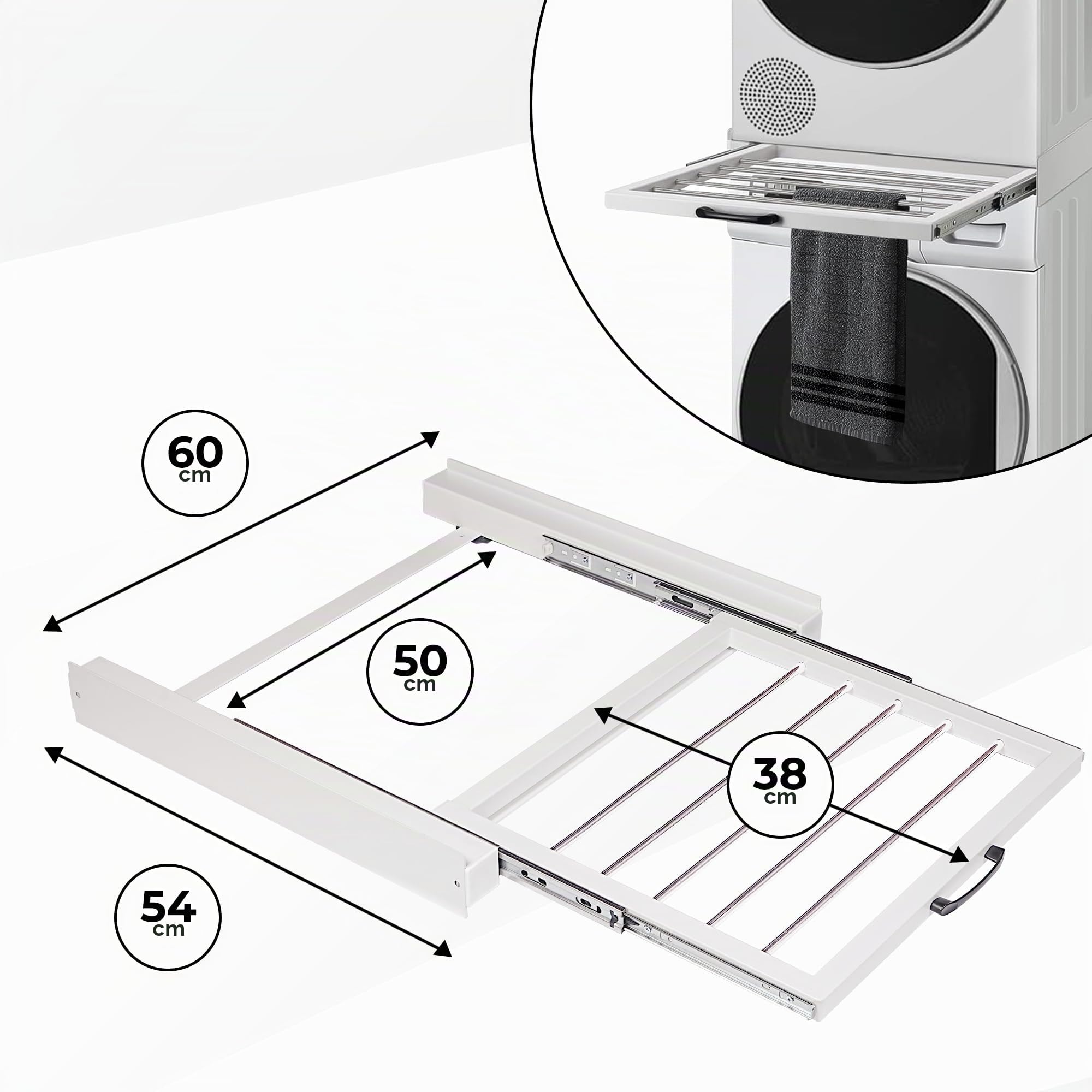 Vonia Telaio di collegamento per lavatrici - Porta asciugamani allungabile - Telaio di collegamento con portasciugamani estraibile - Kit stacking Universale - Con corda a cricchetto (Bianco)