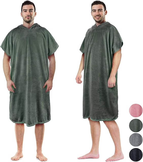 Kato Tirrinia Hooded Poncho Towel Changing Robe Adults, Surf Windproof Beach Robe Swim Towel for Outdoor Use, Super Water Absorbent Compact & Light Weight, One Size Fit Men Women Army Green