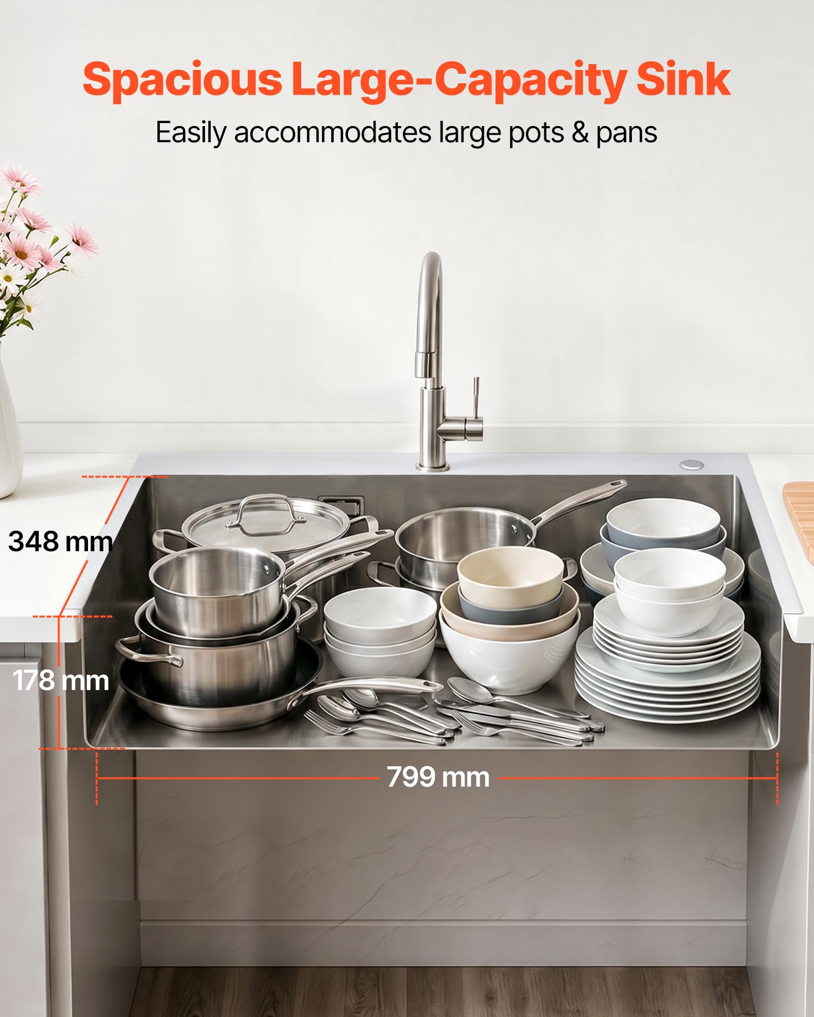 VEVOR Fregadero Sobre Encimera de 1 Seno, 850 x 450 x 190 mm, Fregadero de Cocina Empotrable de Acero Inoxidable, Esquinas Redondeadas, para Lavavajillas Domésticos, Cocinas Auxiliares, Lavaderos
