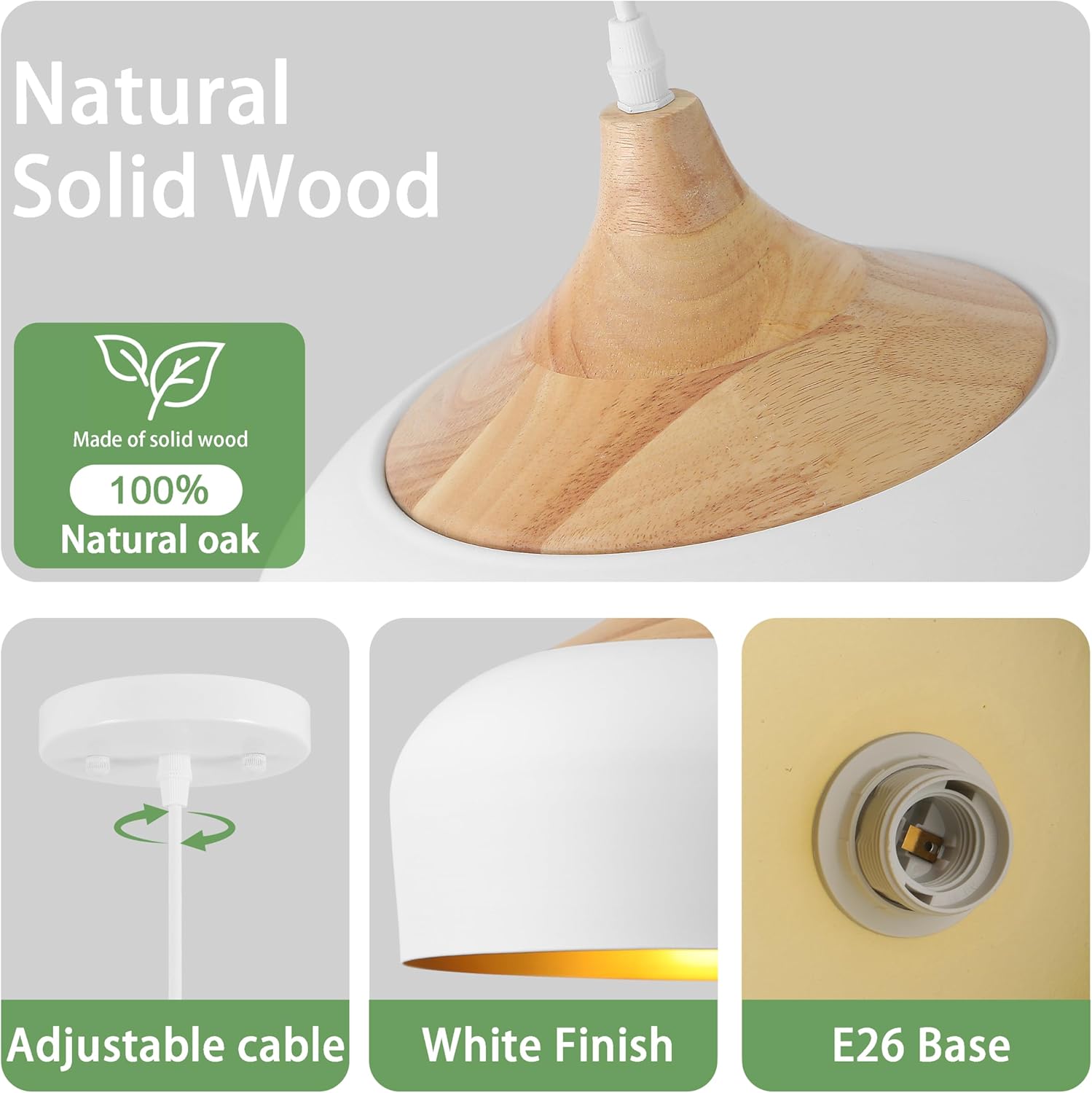 White Pendant Light, 12in Solid Wood Pendant Lights Fixture Adjustable Modern Hanging Lighting, for Kitchen Island Dining Room Sink Bar Office Bedroom