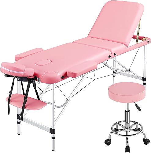 Yaheetech Mesa de masaje de aluminio con taburete rodante, 3 secciones, cama de pestañas, camas de spa y silla de salón ajustable, cama de masaje,