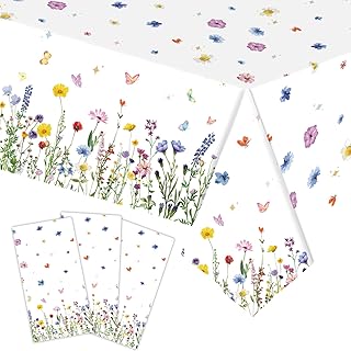 Spring Flowers Plastic Table Covers, 3 Pack – 54"x108" Premium PE, Disposable Waterproof Party Tablecloths with Colorful Wildflowers & Butterfly for Birthday, Garden & Easter Decorations