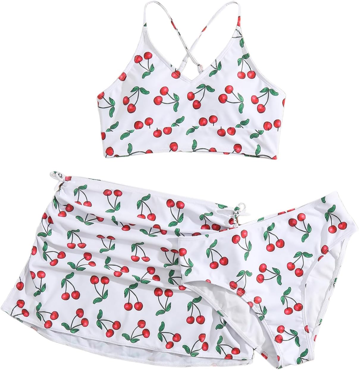 Floerns Girl's 3 Piece Swimsuit Cherry Print Cute Bikini Set with Cover Up Skirt