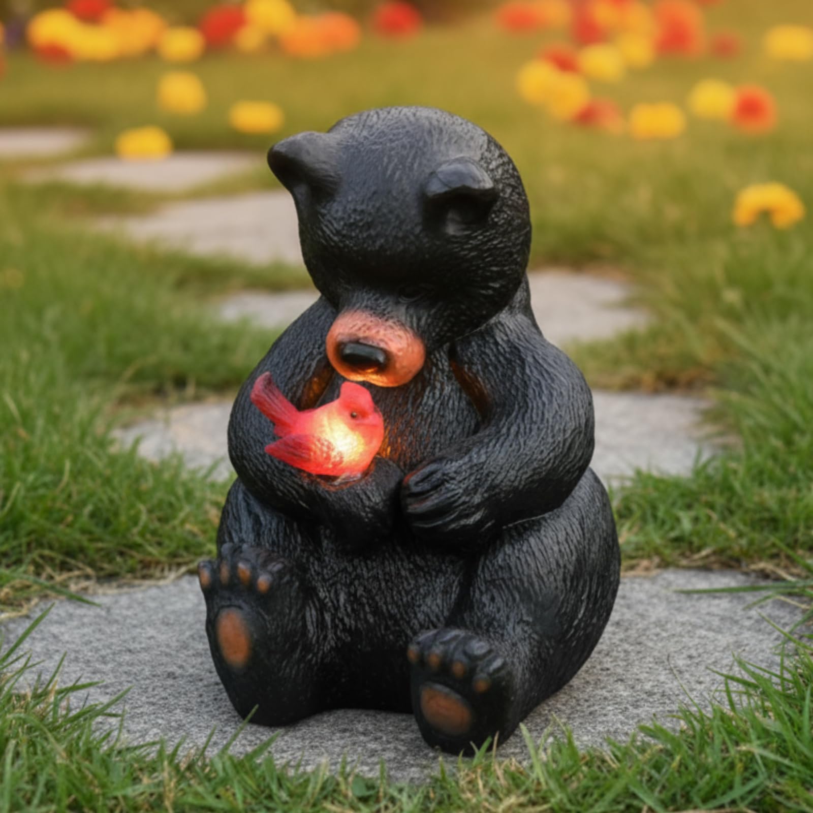 Figurine solaire ours noir et oiseau cardinal pour illuminer votre decoration de jardin en terrasse
