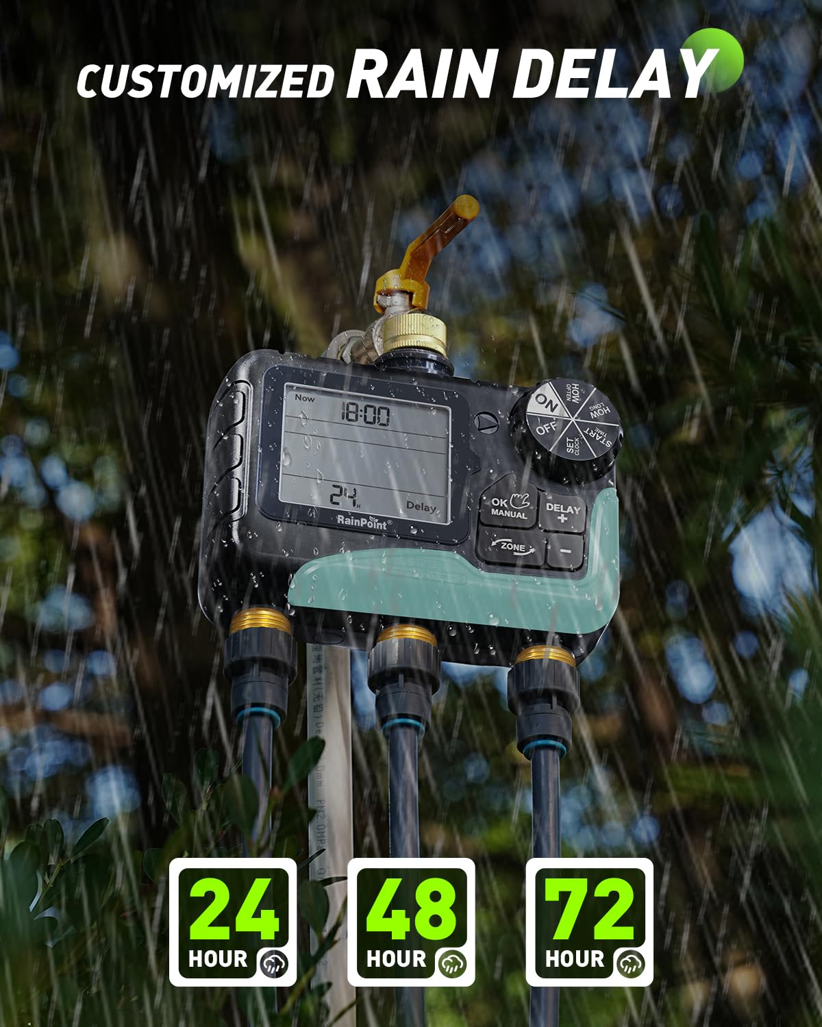 RAINPOINT Timer dell'acqua a 3 zone con ingresso e uscita in ottone, 3 piani di irrigazione personalizzati, con impermeabilità IP65, ritardo pioggia, irrigazione manuale e automatica con ampio LCD per