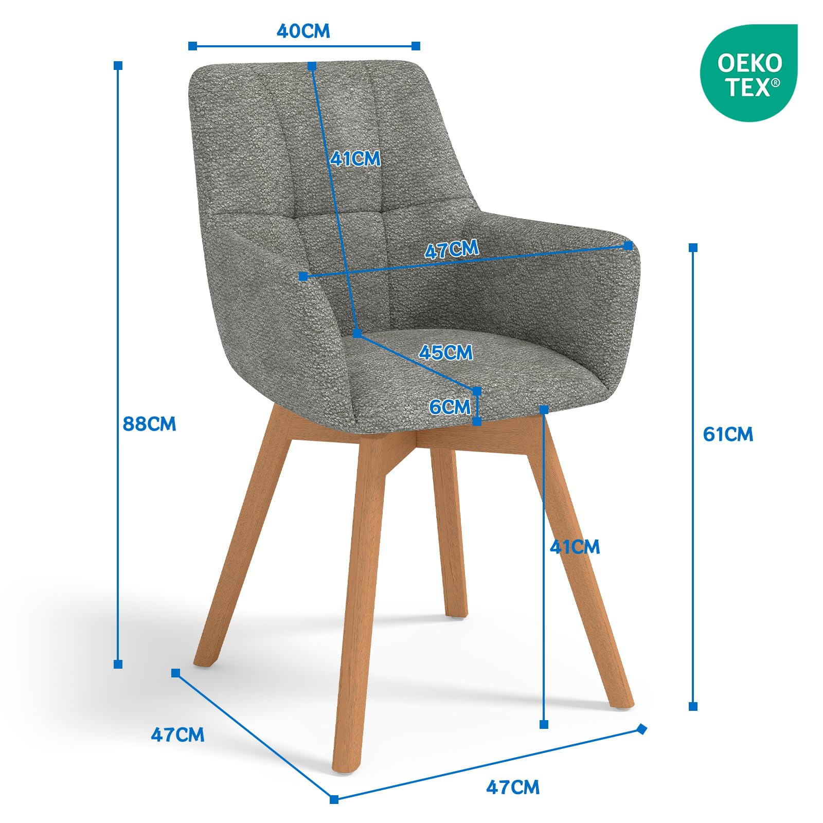 LEWE Esszimmerstühle Drehbar 2er Set mit Armlehne und Holzbeinen,Dunkelgrau | 360°Drehstuhl, Polsterstuhl mit Ergonomische Stoffrückenlehne, Stühle für Esszimmer, Küche, Wohnzimmer, Schlafzimmer