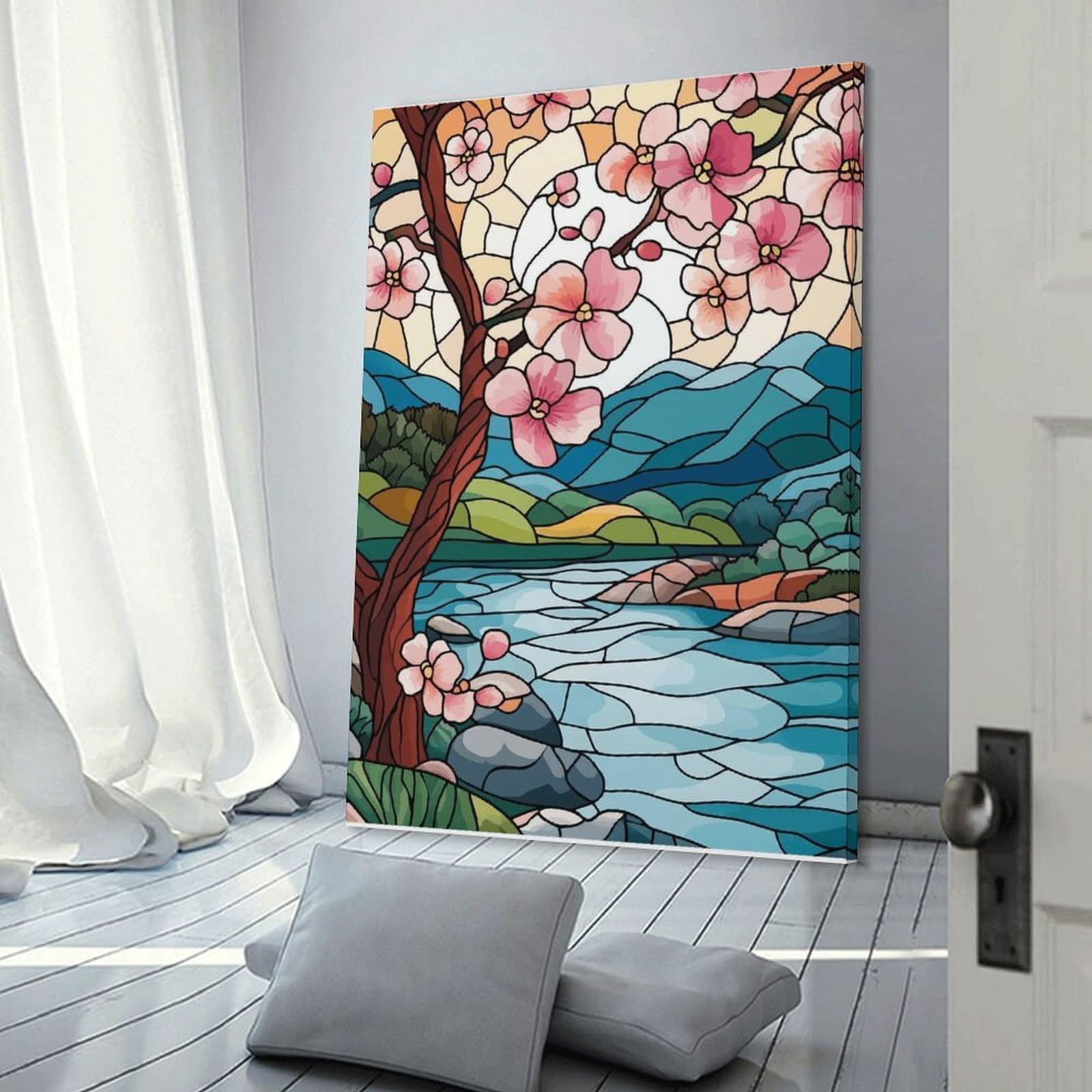 Junmoney Frame-Style-22 Canvas Wall Decor Stained Glass Nature Scene, 24X36inch(60X90cm), For Home Lounge, Bedroom Or Reading Nook, Eye Catching Artwork For Blank Walls