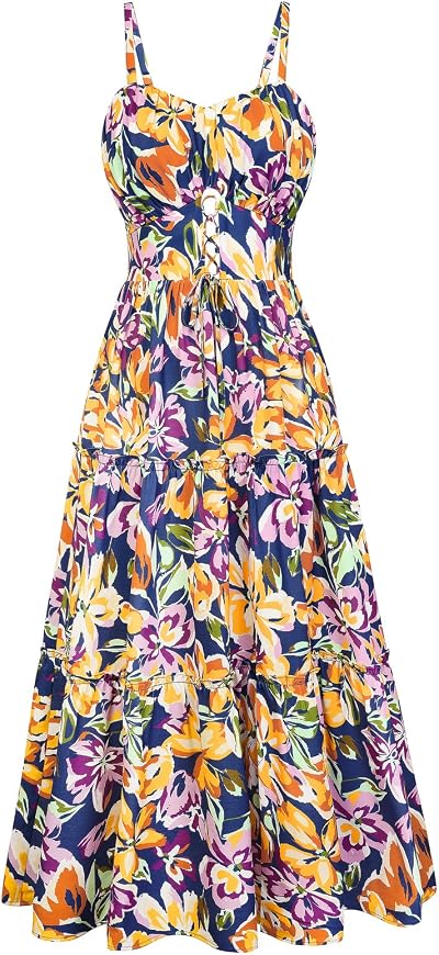 GRACE KARIN 2026 Women's Spaghetti Vacation Sundress Summer Beach Flowy Boho Floral Maxi Dresses with Pockets Blue Purle Floral S