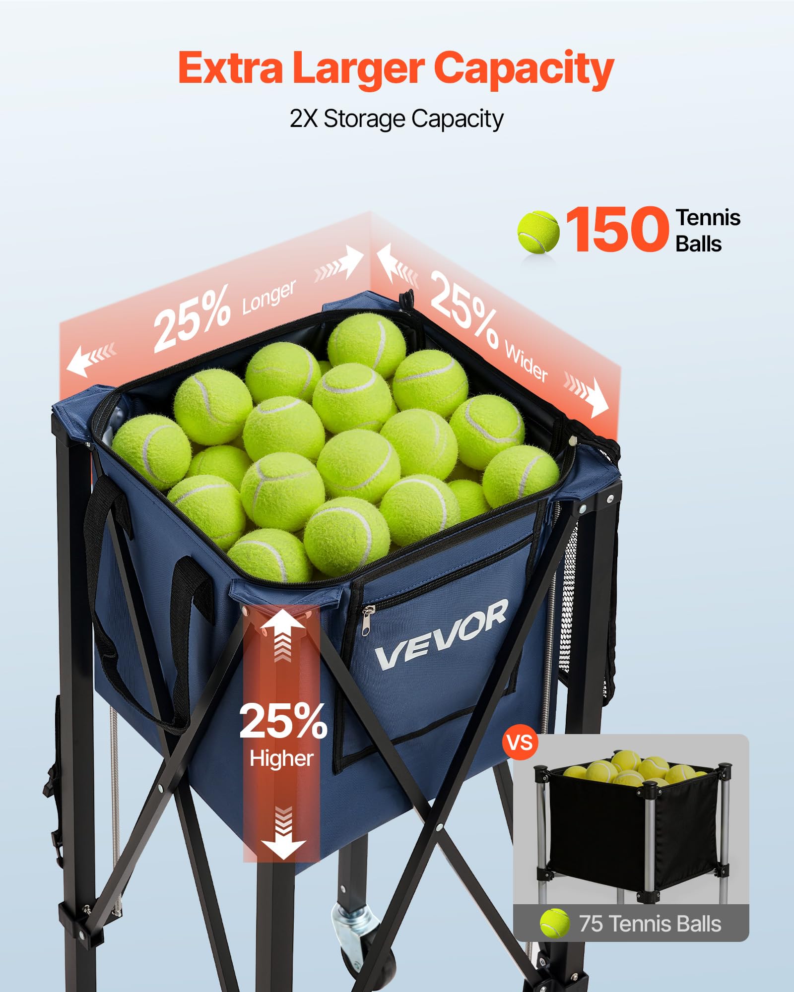 VEVOR Panier à Balles de Tennis et Pickleball 2-en-1 avec roulettes, Capacité de 150 Balles de Tennis ou 260 Pickleballs, Chariot Pliable avec Tube de Ramassage, Panier Portable pour Entraînement
