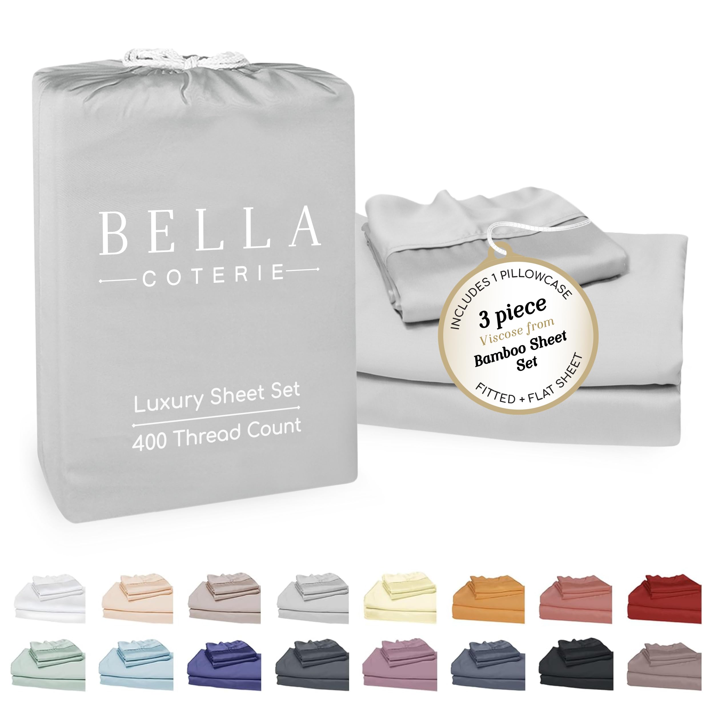 Bella Coterie Luxury Bamboo Viscose Twin XL Size Sheet Set | 100% Organically Grown | Ultra Soft | Cooling for Hot Sleepers | 18" Deep Pocket [Grey Mist]