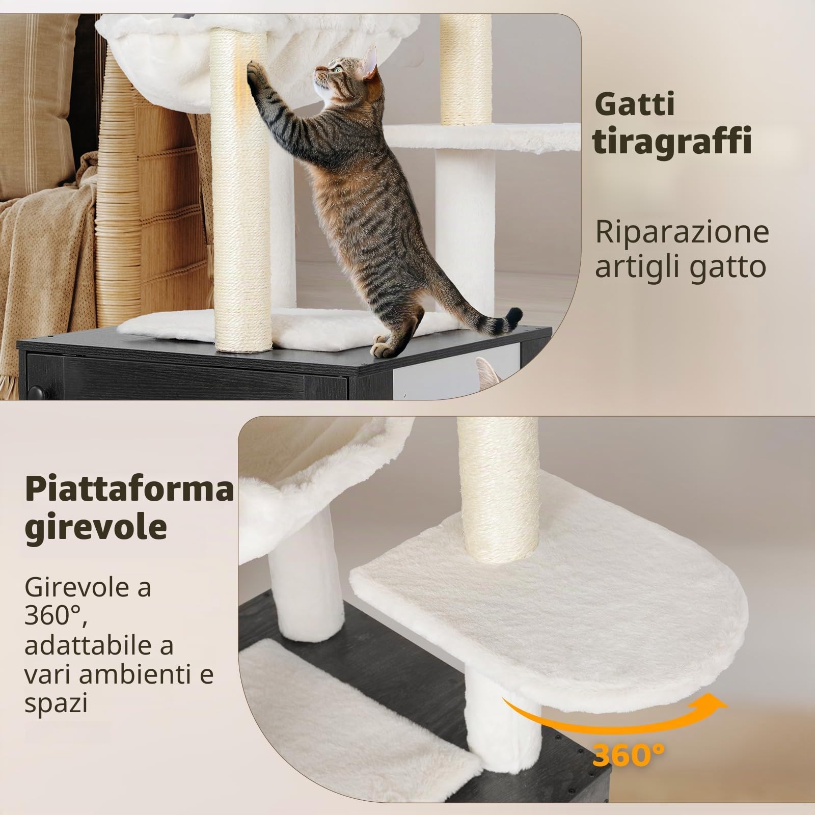 MAMIZO Tiragraffi con armadietto per gatti, 2 in 1, nido rimovibile per gatti in peluche, altezza 119 cm, lavabile, cuscini in peluche, mobili per gatti, tiragraffi in legno, tronchi in sisal, amaca