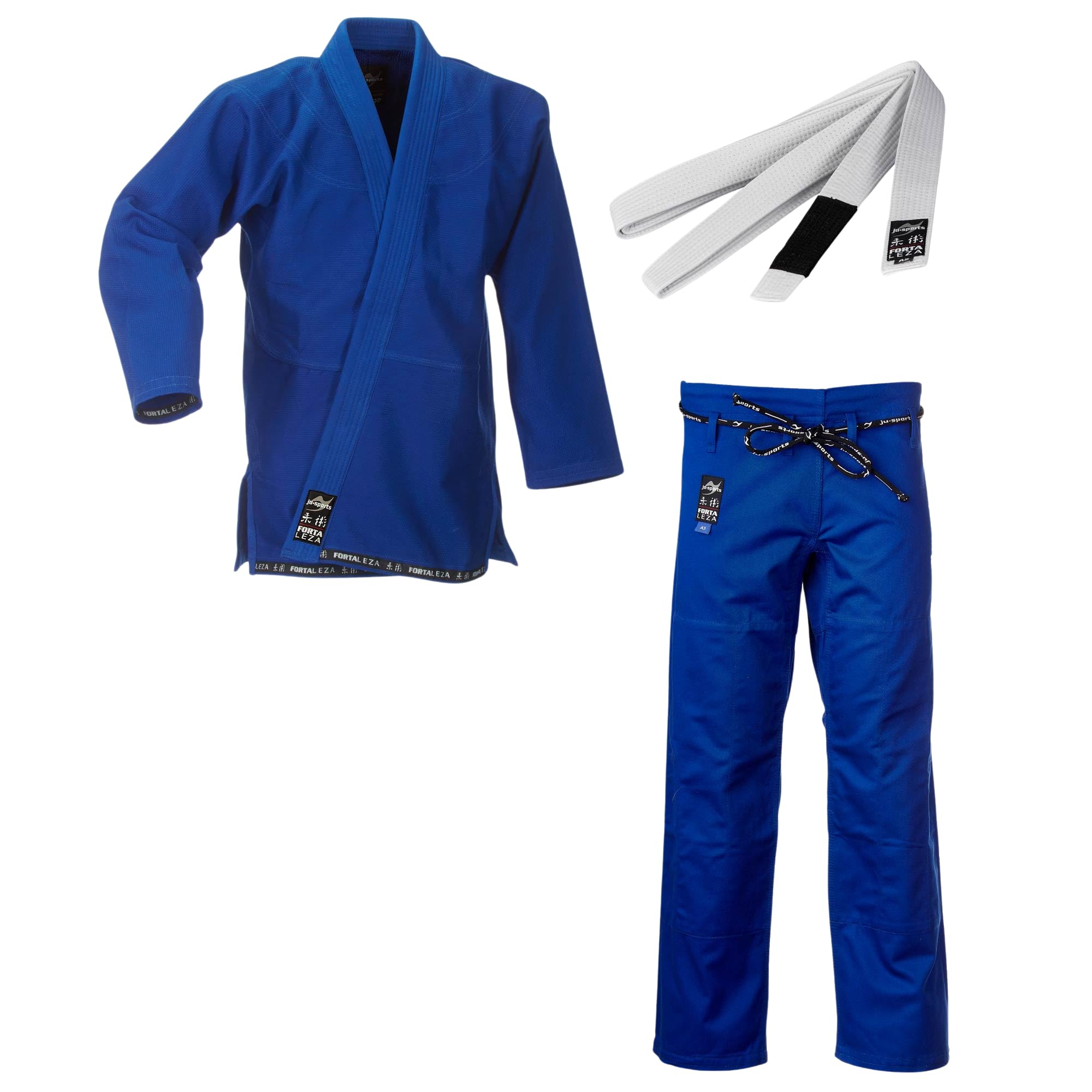 Ju-Sports BJJ Starter Gi Fortaleza Blau + BJJ Gürtel Weiß I Leichter & solider Brazilian Jujutsu Anzug für Einsteiger I BJJ Gi Herren I 100% Baumwolle