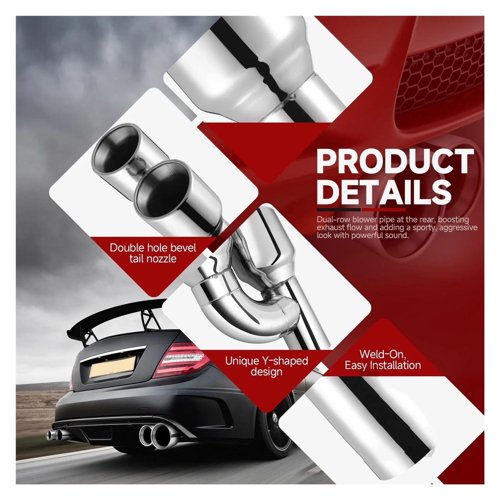 Genérico Silenciador Escape Tubo Escape Doble para Automóvil 2,5" Entrada Y 4" Salida, 11, Largo con Borde Laminado Inclinado Silenciador Automático Acero Inoxidable Tubo Escape Coche Coche