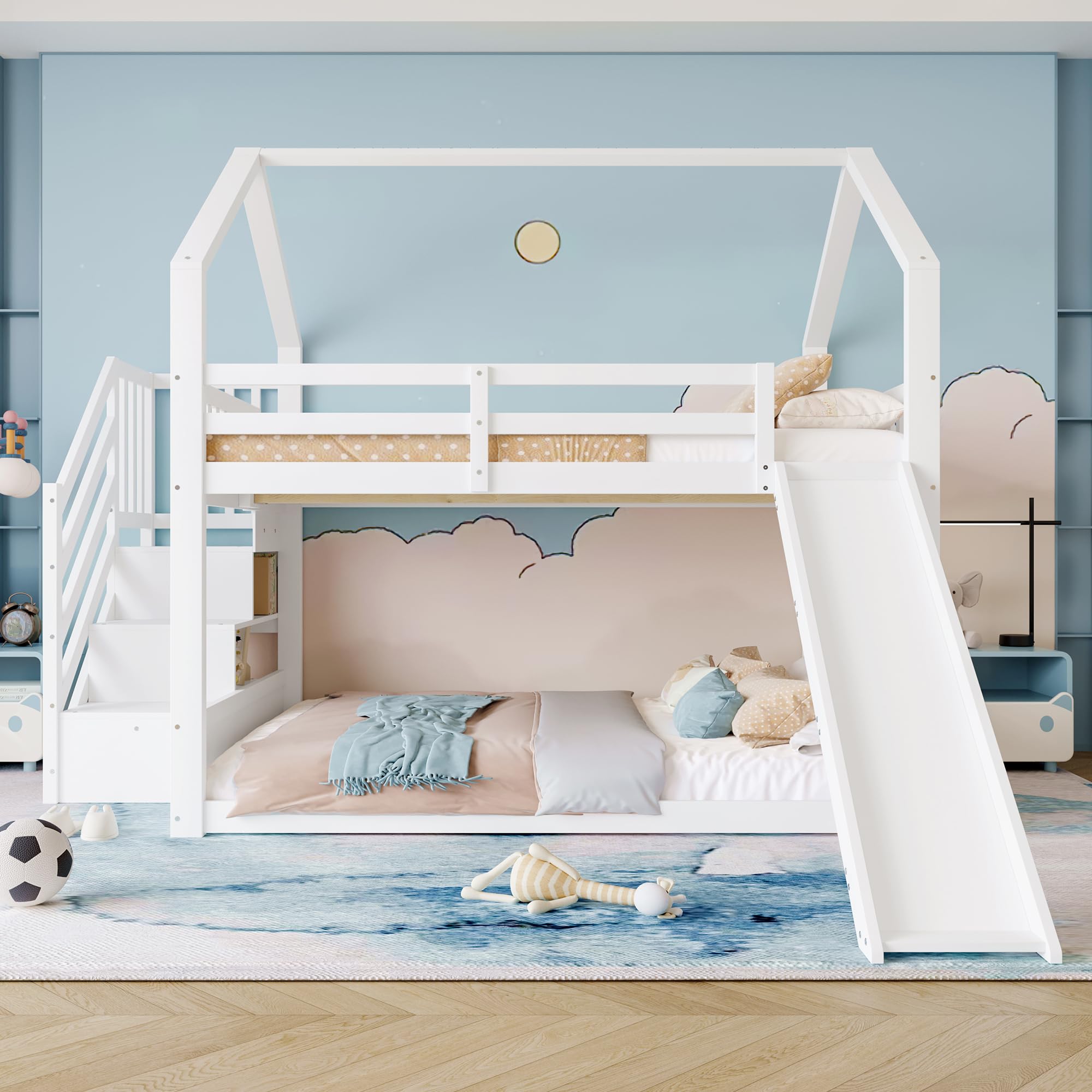 Soweiz Kinderbett mit Geländer,140x200cm Etagenbett mit Stauraumtreppe und Rutsche, Hausbett, geeignet für Kinder, Jugendliche, Weiß