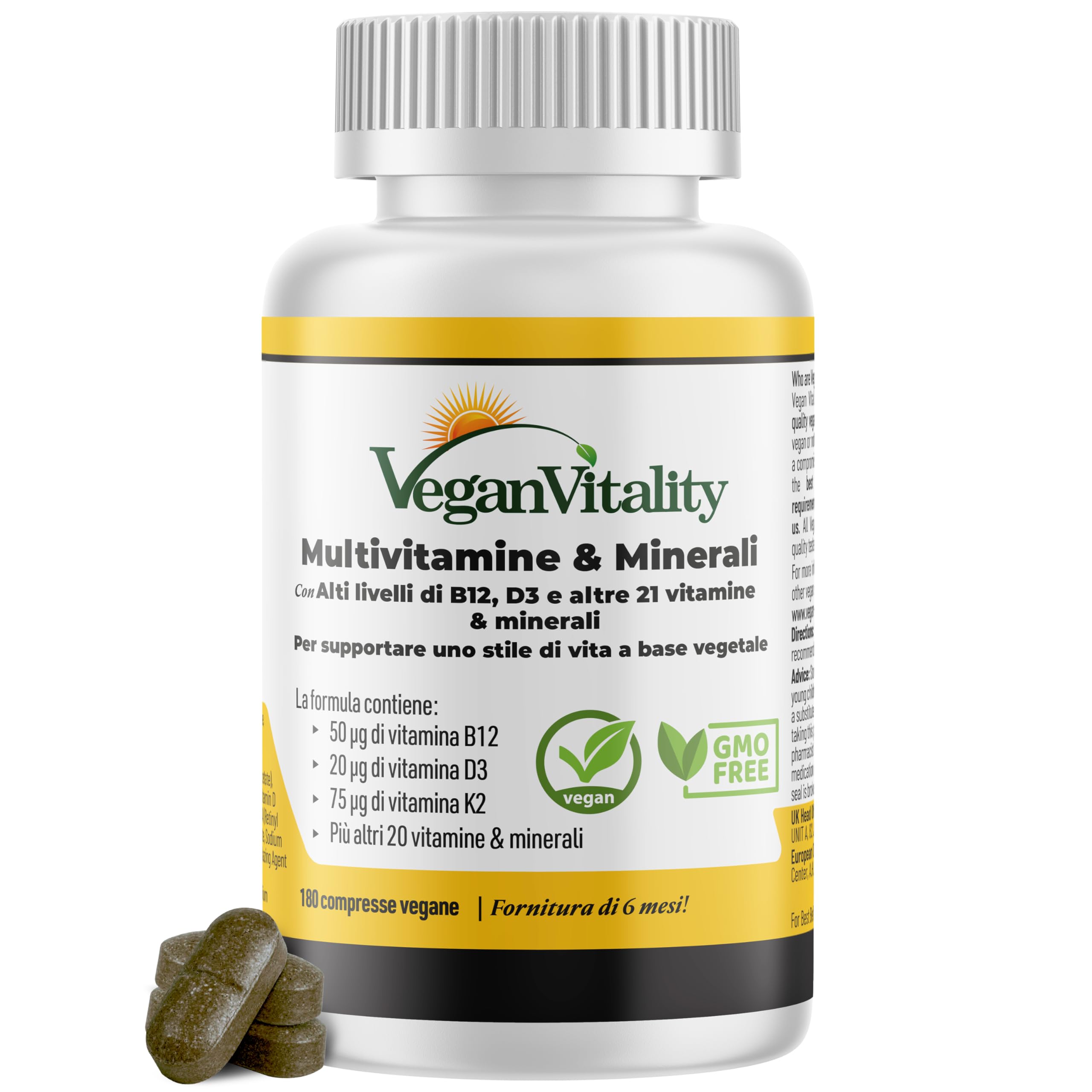 Complete Vegan Multivitamin with Vitamin D3, K2 and B12-180 Tablets, 6 Month Supply, Vegan and Vegetarian Diet Supplement