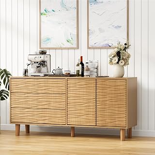 61" Mid Century Modern Buffet Cabinet, Large Sideboard with Storage - 3 Drawers & 2 Doors, Undulating Groove Design, Storage Cabinet for Dining Room & Living Room, Teak Brown