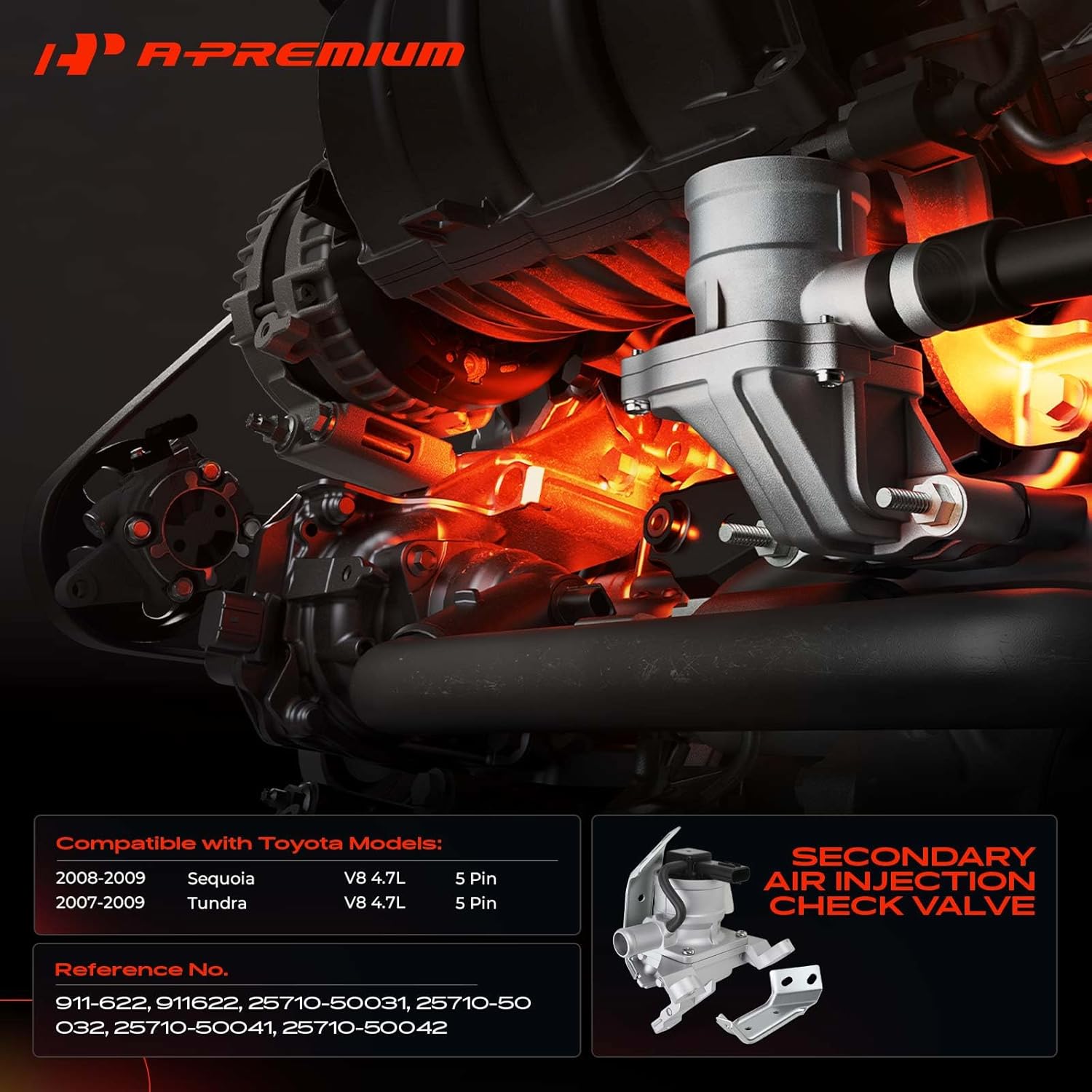 A-Premium Secondary Air Injection Check Valve, Air Pump Check Control Valve, Compatible with Toyota Tundra 2007-2009, Sequoia 2008-2009, 4.7L V8 Petrol