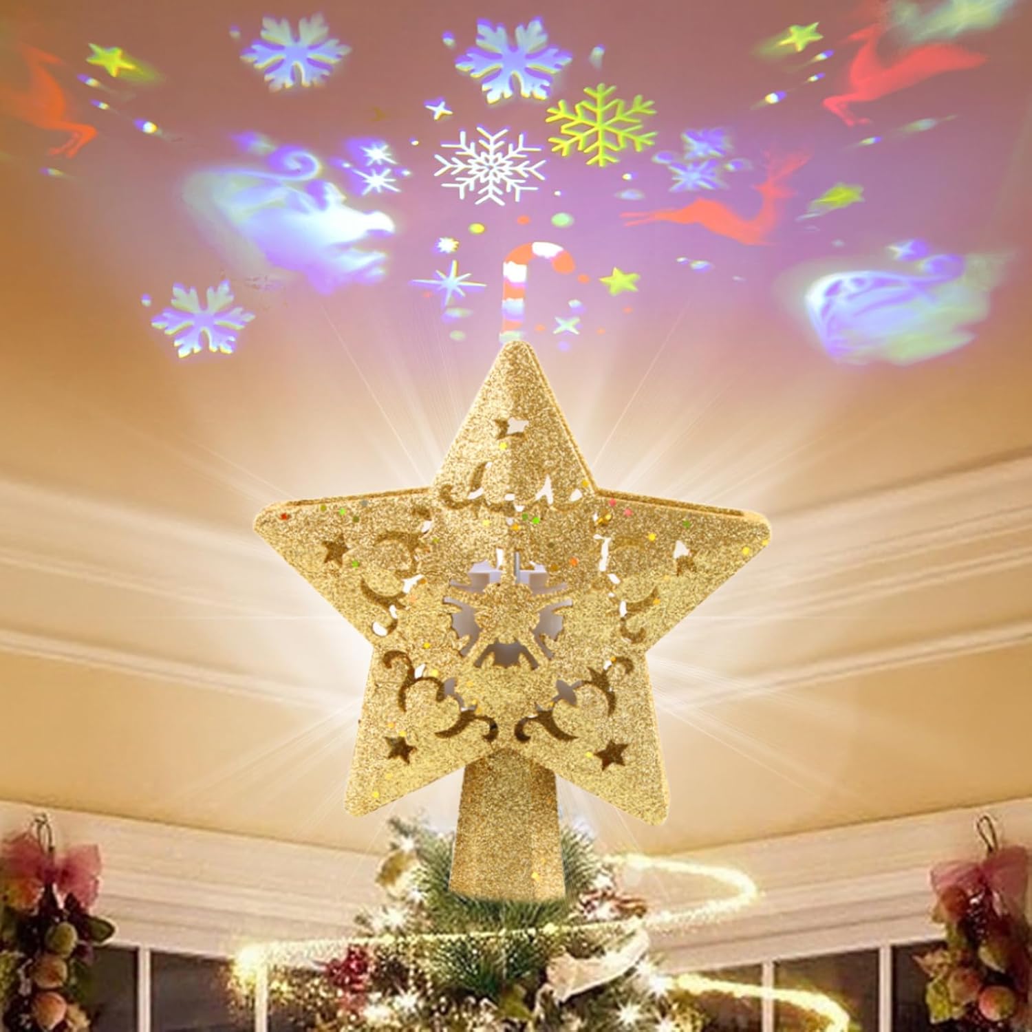 Christmas Tree Star Topper Lights, Plug in Christmas Tree Decorations, with Rotating LED Projector - Auto Spinning Snowflake & Santa Projection, 9 Inch Lighted Tree Top Decor for Holiday Party
