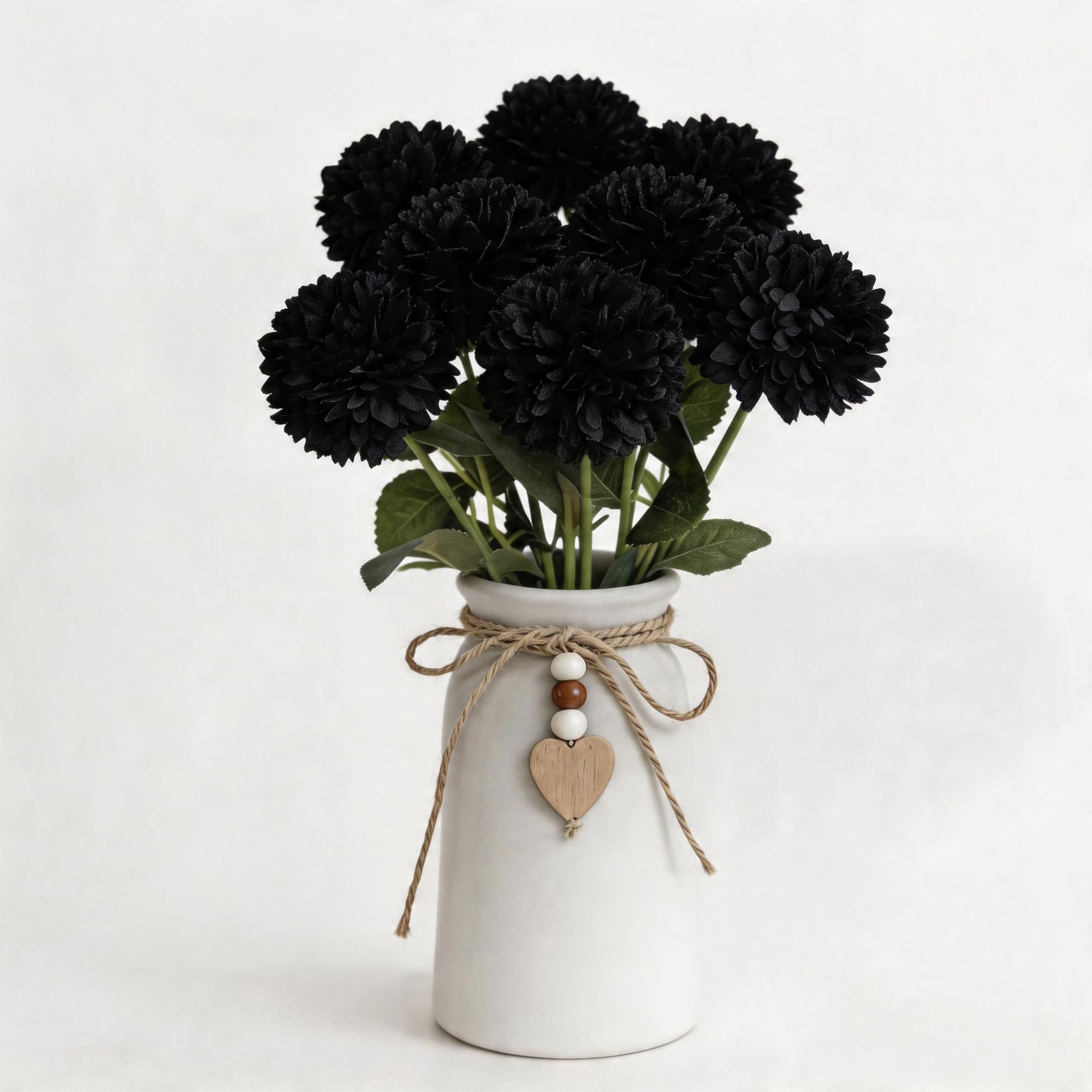 UoYeet Artificial Chrysanthemum Flower Arrangement in Vase with Jute Rope & Heart Charm Pendant, Black Faux Mums Decorative Table Centerpieces Flowers for Home, Celebration, Party Décor, 20 x 27 CM