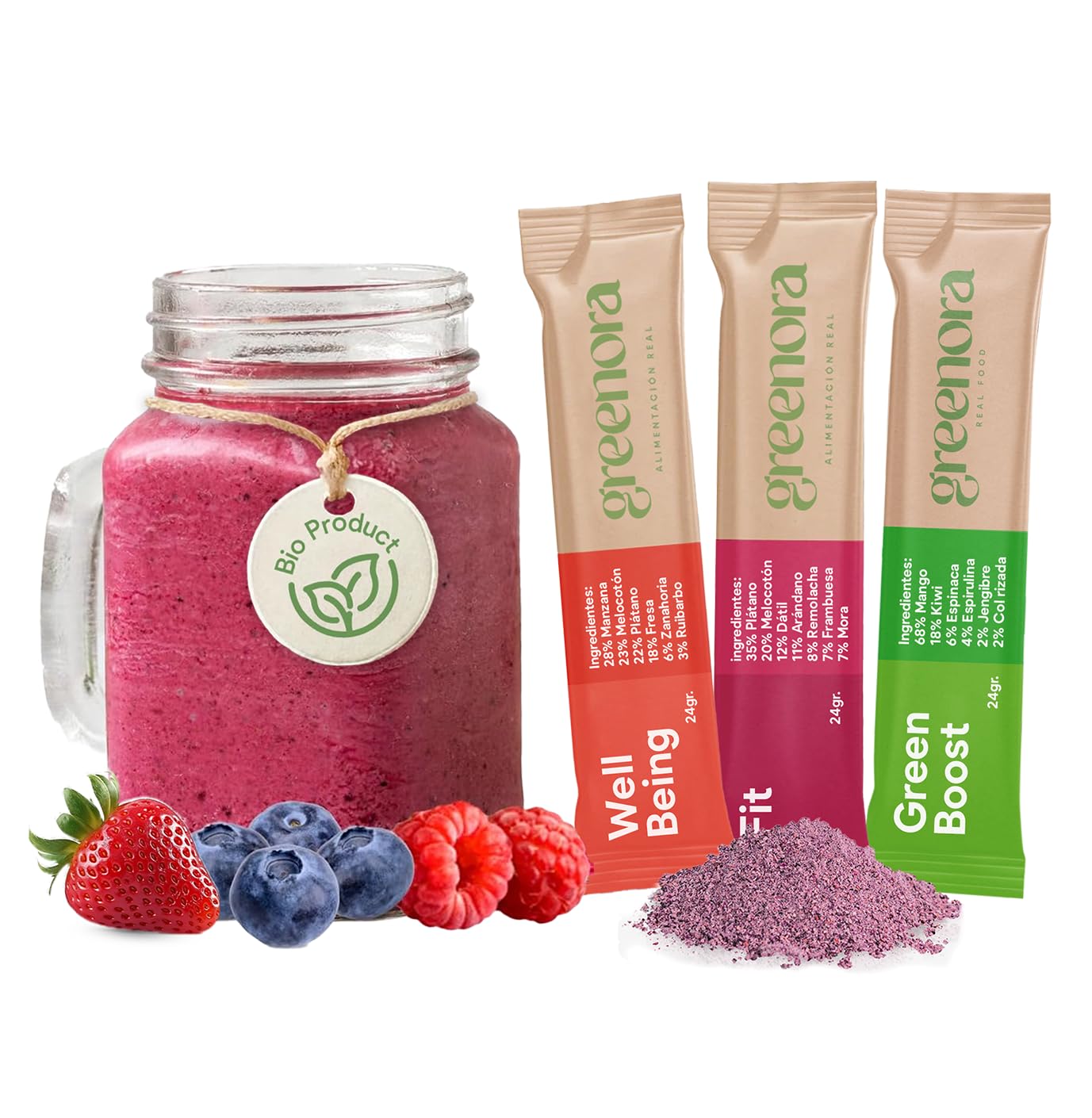 GREENORA Veganer Smoothie Gefriergetrocknetes Fruchtpulver 100% Natürlich BIO. Dehydriert. Erdbeere Apfel Ingwer Mango Rote Bete Spirulina. Ohne Zuckerzusatz 9x24g