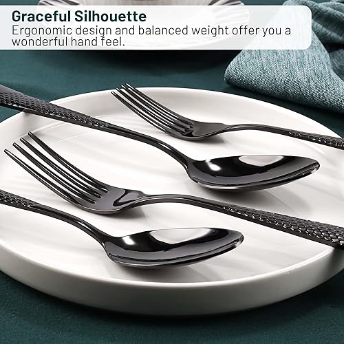 Miniatura 3 de Juego de cubiertos de 30 piezas martillado negro para 6, juego de cubiertos de acero inoxidable pulido espejo para el hogar, cocina, restaurante y