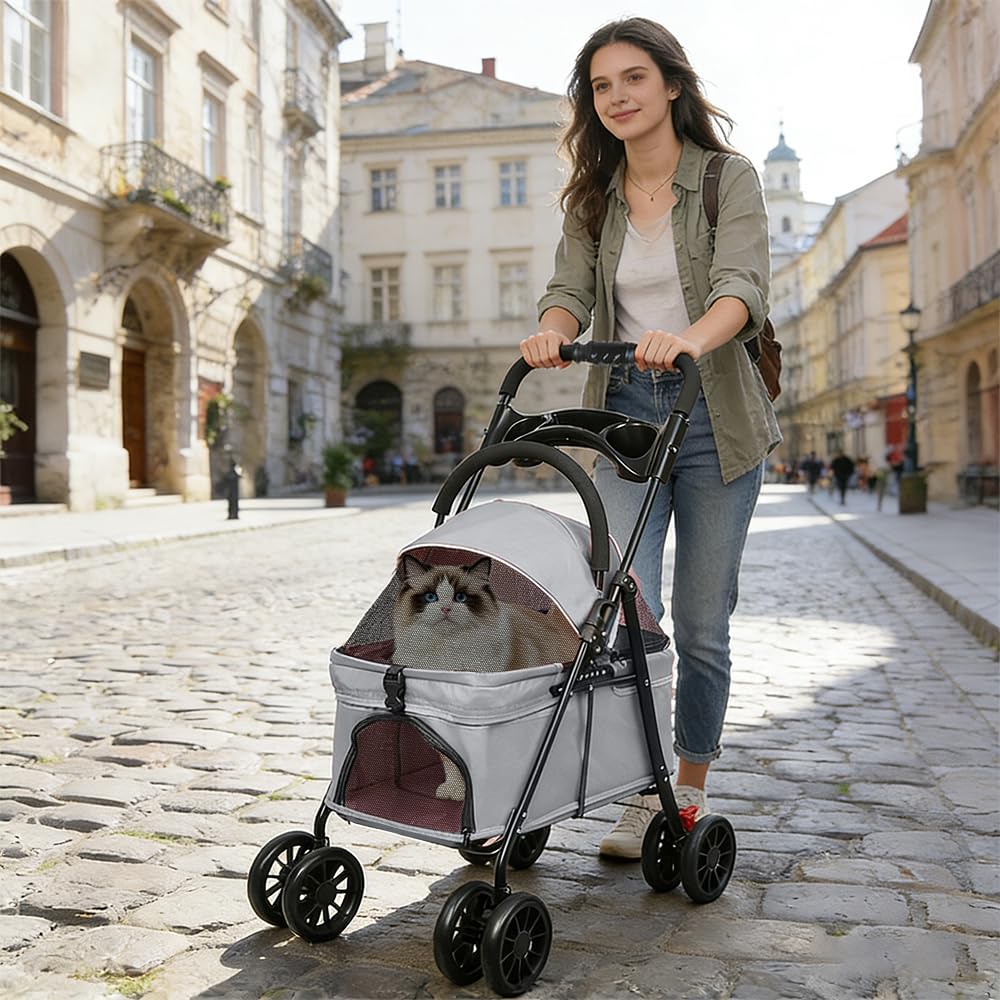 OHMG Poussette Chien 3-en-1, Poussette pour Chat Pliable, Panier de Rangement, Fenêtre en Filet, pour Petits Chiens et Chats, Jusqu'à 25 kg, 4 PCS Roues Résistant à l'Usure à 360°