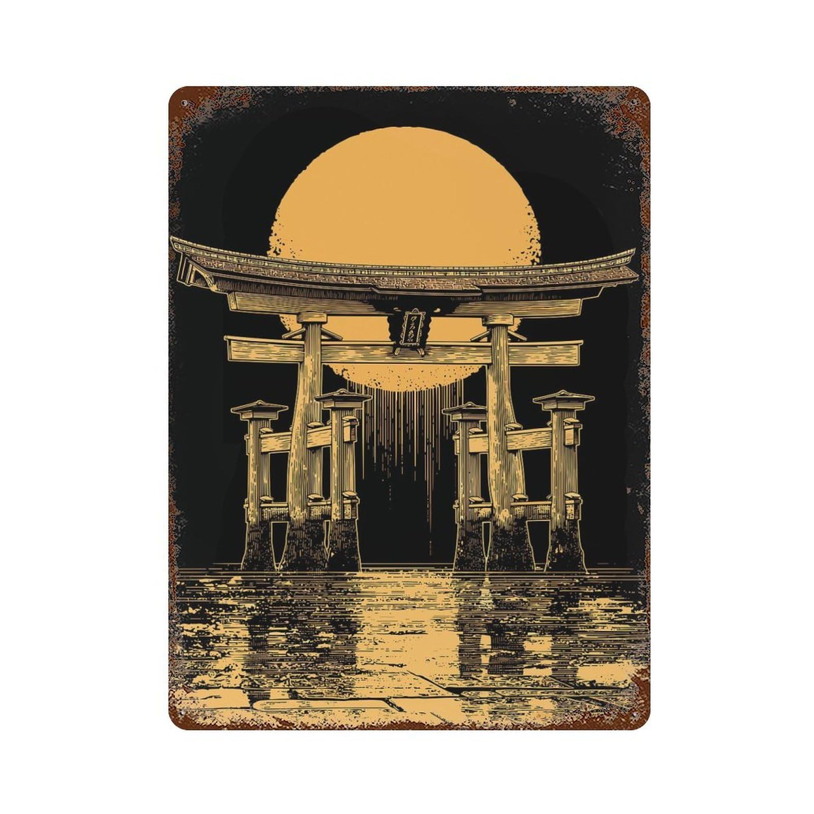 Torii Gate with Rising Sun Illustration Rust Effect Tin Sign 15.7"x11.8", Ideal for Garage, Bar And Workshop Decor