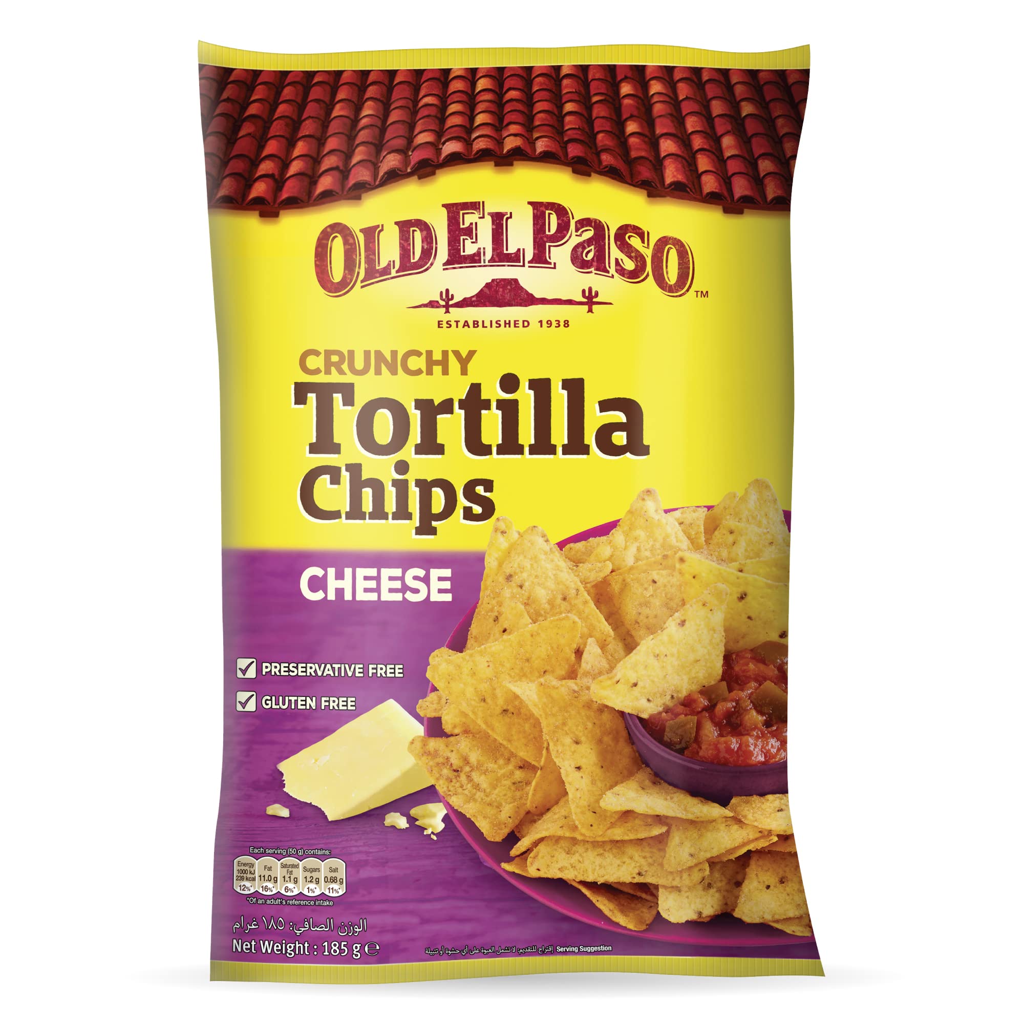 Old el Paso Crunchy Tortilla Chips, Cheese Flavor, 185g, Gluten Free, Perfect Chips for Loading and Dipping, Fresh and Crispy Tortilla Chips