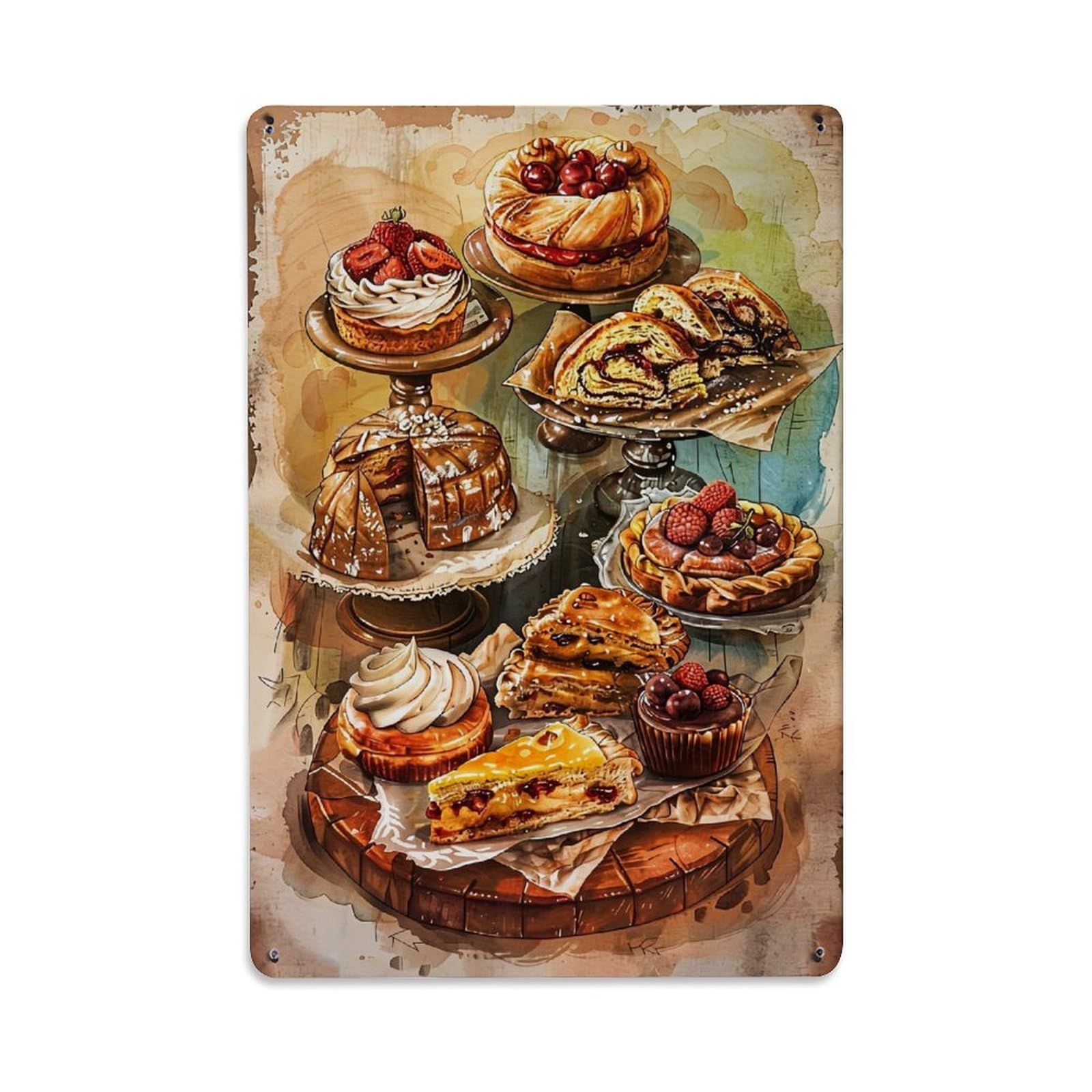 Jdfenggu Vintage Assorted Pastries And Cakes Display Retro Metal Tin Sign, Metal Poster For Bar, Home, Man Cave, Kitchen, Laundry Room Art Decor 8X12 Inch