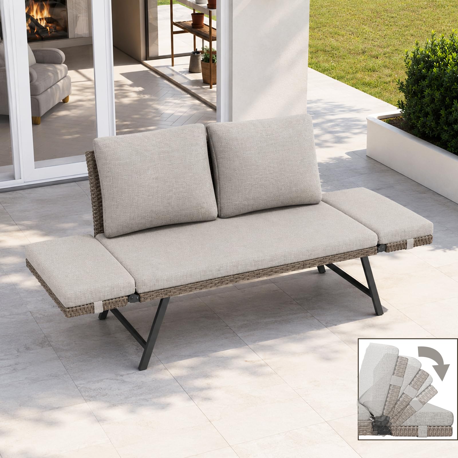 Fiutazge Divano Esterno in Polyrattan con Braccioli Regolabili,Divano Letto Convertibile 2 Posti con Cuscini Morbidi,Panchina da Esterno per Giardino, Balcone, Terrazzo e Portico-Beige