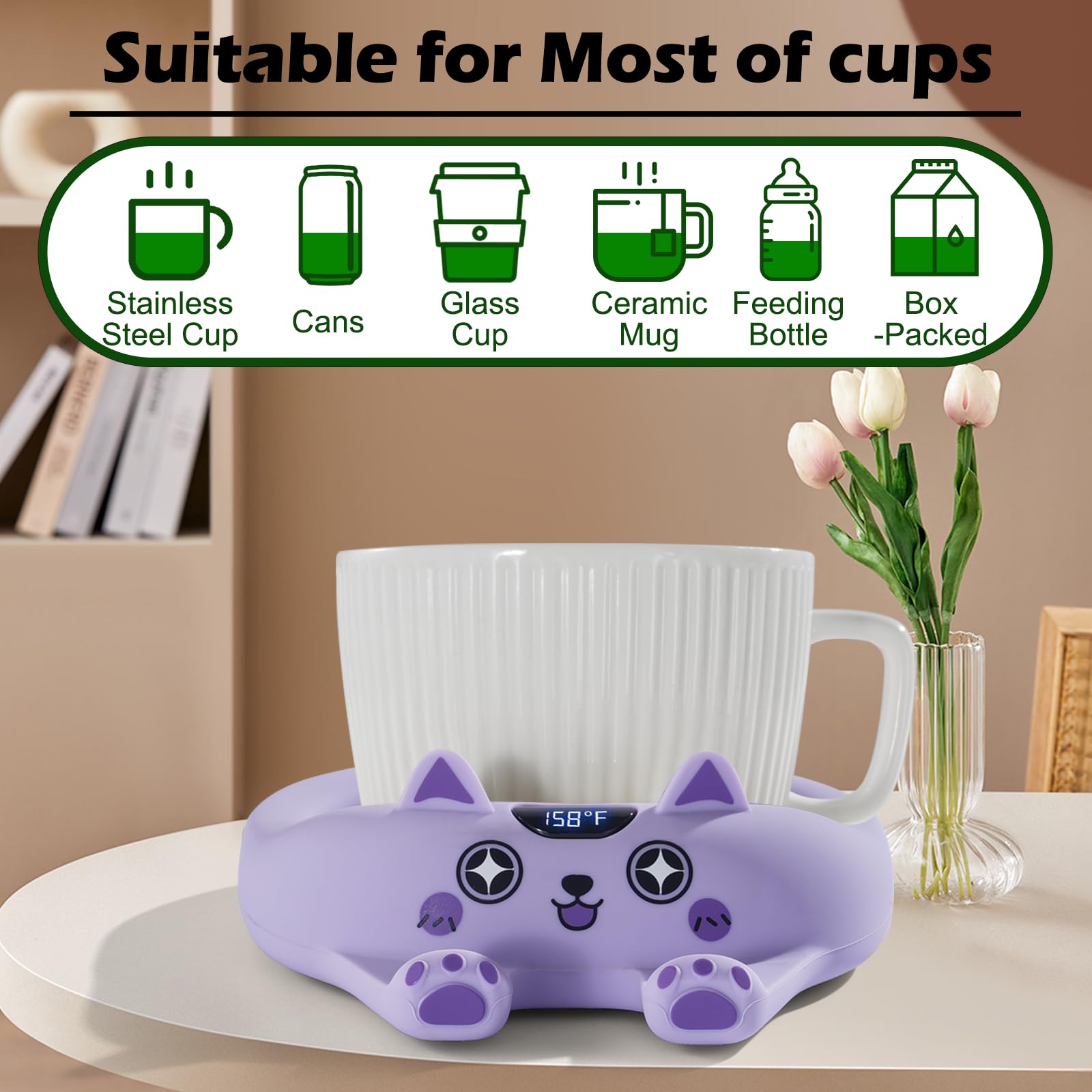 PUSEE Coffee Mug Warmer & Cute Cat Mug Set, Coffee Cup Warmer for Desk with Auto Shut Off, Beverage Warmer with 3 Temp Settings, Candle Warmer Coffee Warmer with Mug Set for Christmas & Birthday Gifts