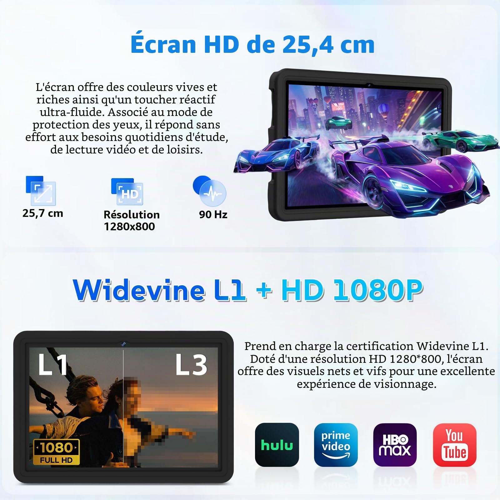 DMOAO Tablette Enfants 10 Pouces Android 15 avec 30Go RAM (TF 2To), 5G WI-FI 6, Widevine L1, Contrôle Parental, 8-Core, Tablette Tactile avec Coque Antichoc EVA + Support Rotatif à 360°,Noir Profond