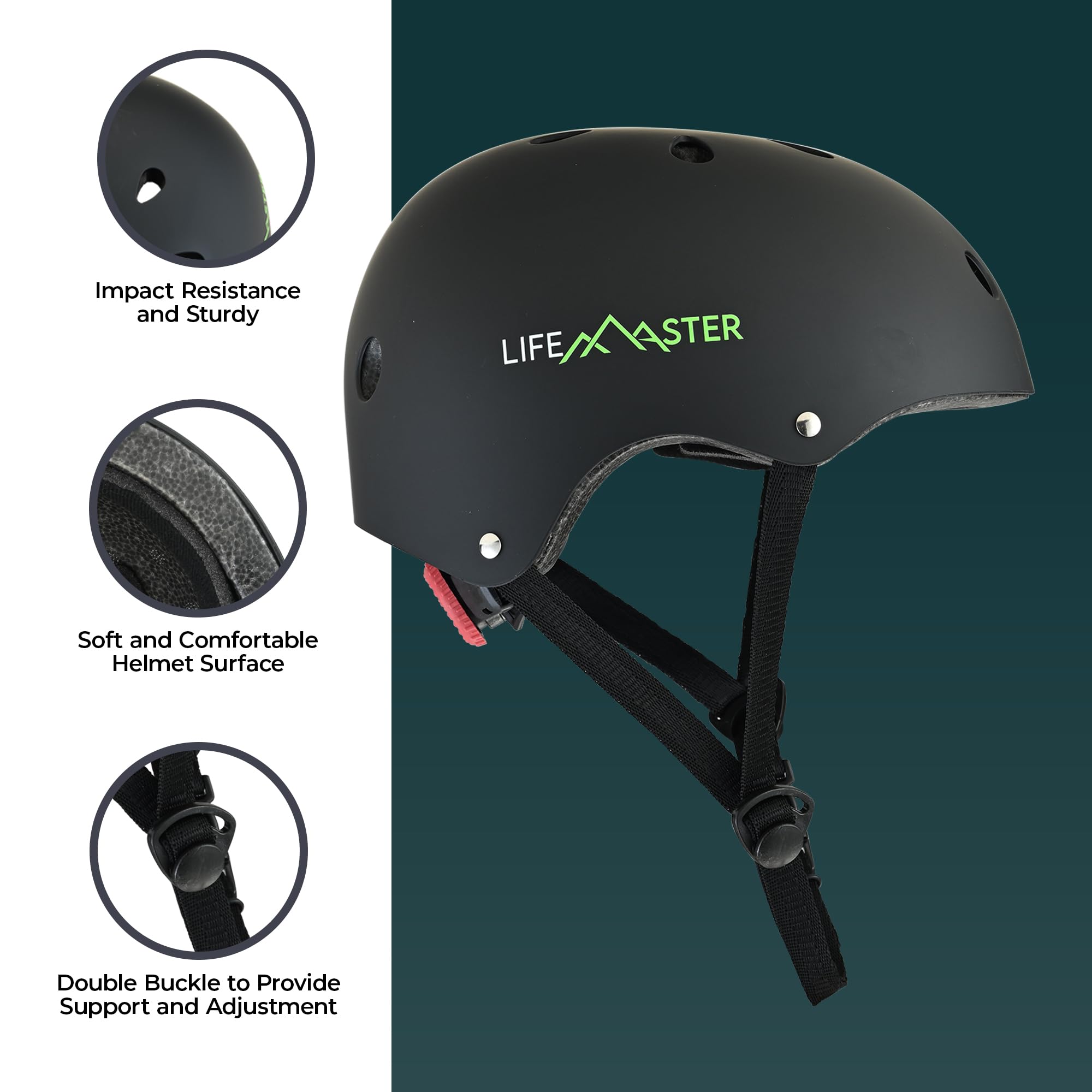 Lifemaster Kids Adjustable Sports Helmet - Multi-Sport, 11-Vent System, Comfort Padding, Impact-Resistant, Washable Pads, Adjustable Dial & Strap, Fits 3-8 Yrs - Black