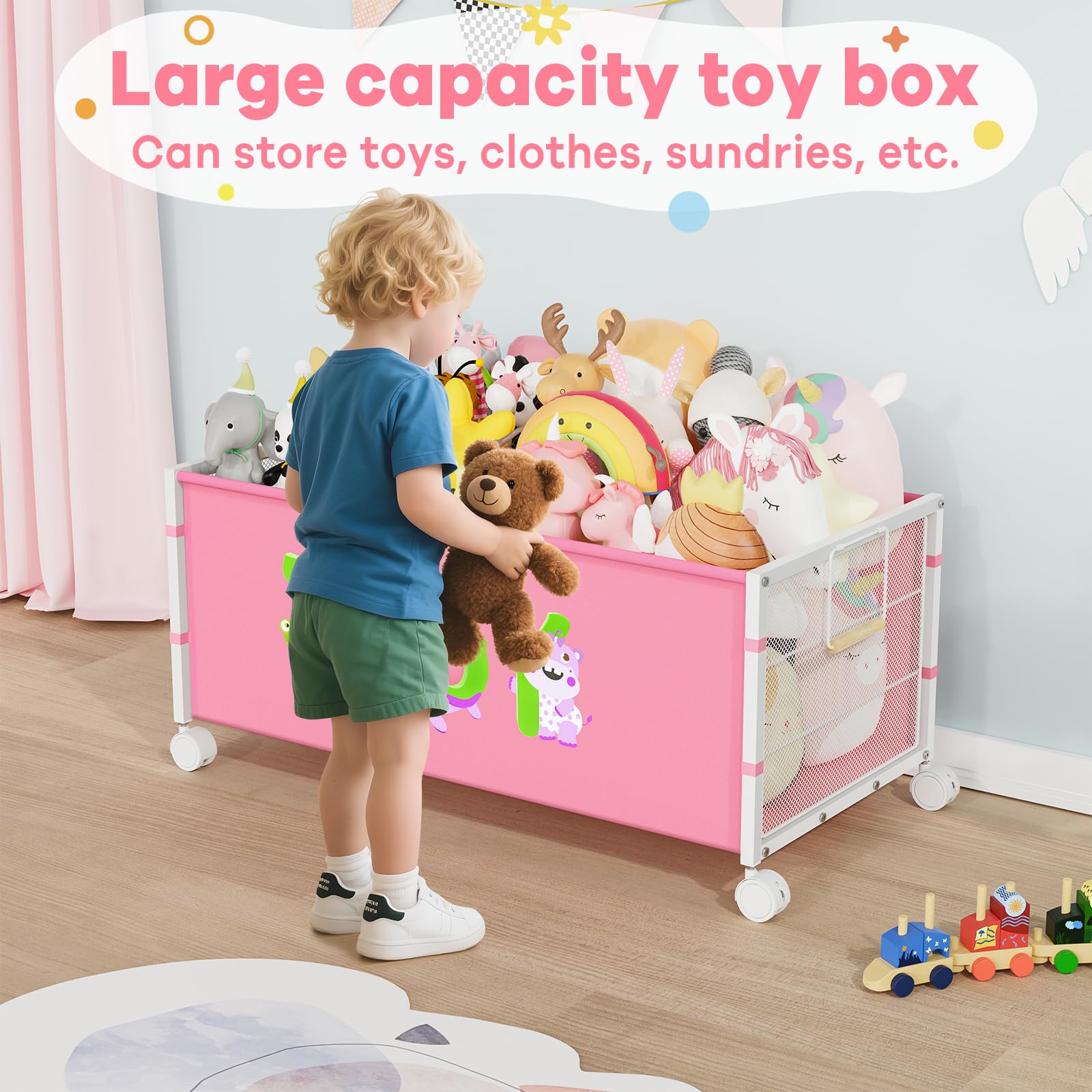JBBTOOL Large Toy Box, Toy Storage Organizer for Kids, Toy Chest for Toddlers with 360° Wheels, Toybox for Living Room, Oxford Cloth Toy Box for Boys, Girls, Stuffed Animals, Clothes