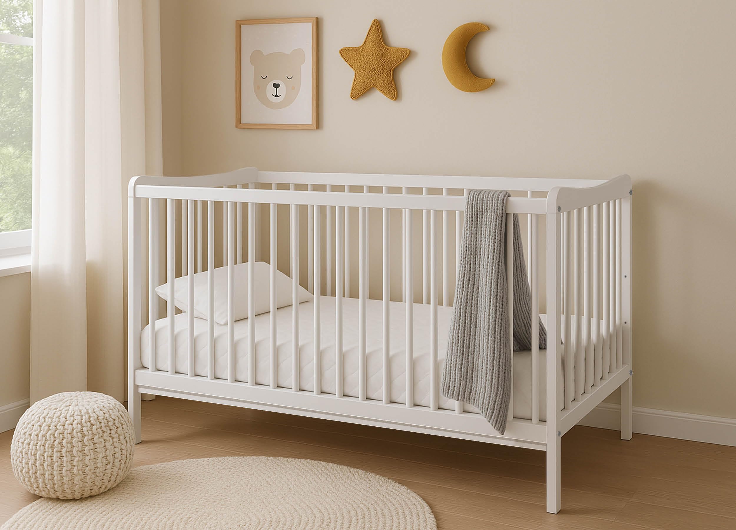 Lettino per bambini GREGIO 120x60 cm in legno di faggio – Rete regolabile su 3 livelli – 3 sbarre estraibili – Conforme EN 716 (Bianco)