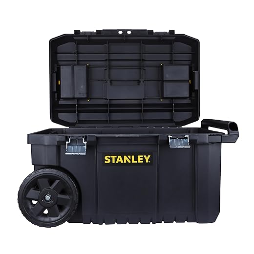 STANLEY Rolling Toolbox Chest with Heavy Duty Metal Latch, 2 Lid Organisers for Small Parts, Portable Tote Tray for Tools, STST1-80150