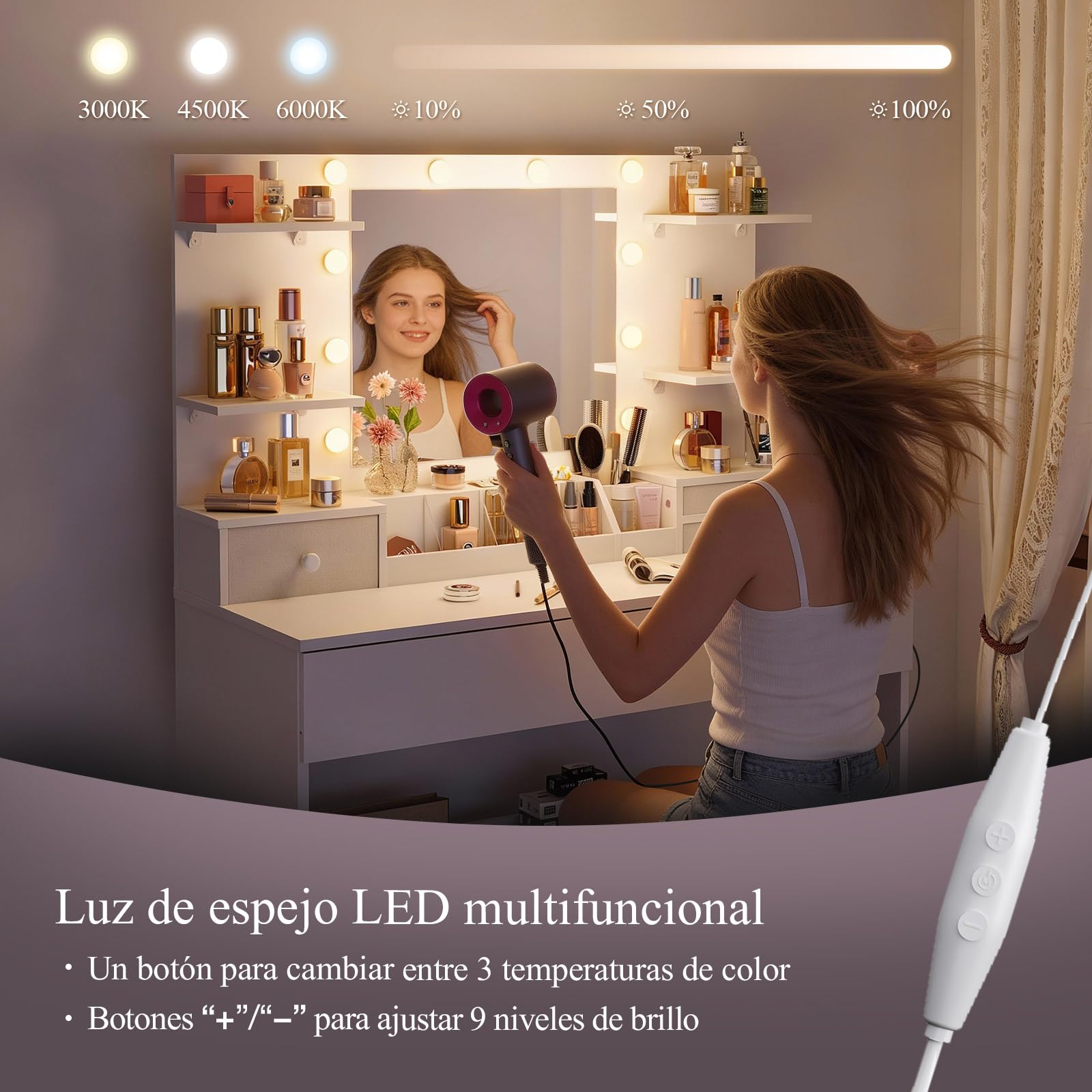 Coleshome Tocador de Maquillaje con Espejo LED y 10 Luces, Mesa de Maquillaje, Tocador Blanco con Cajones, Organizador y Estantes, Moderno para Dormitorio, 100x40x136cm
