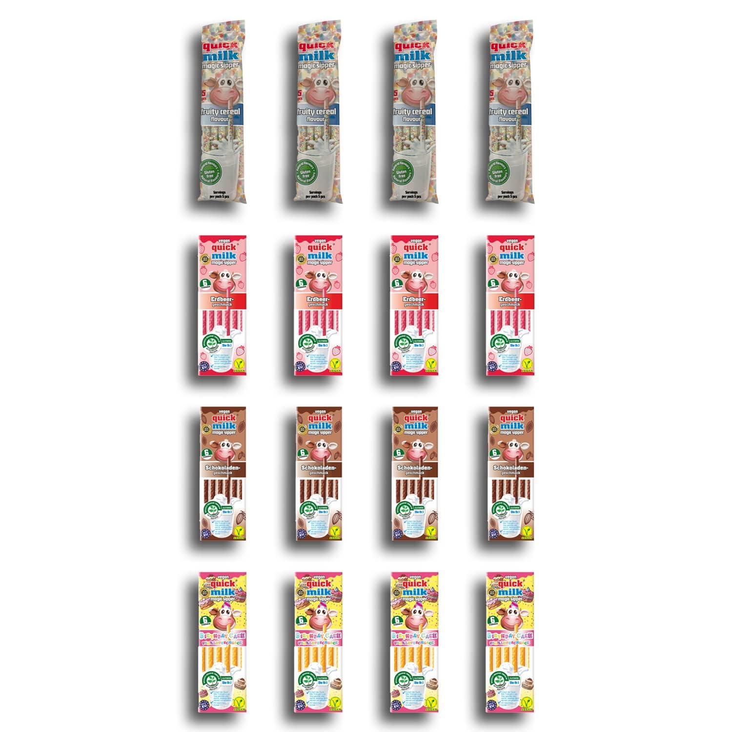 16 confezioni di cannucce Quick Milk da 5 cannucce, fragola, cioccolato, vaniglia e sapore di frutta con protezione per il trasporto