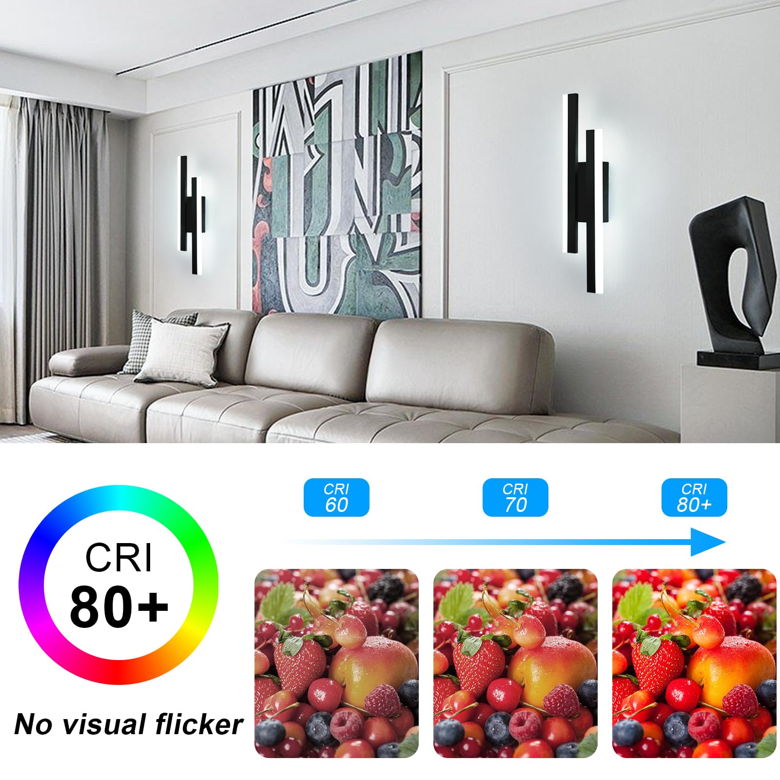 Toolight LED Wall Light Indoor, 16W 1800LM Long Wall Sconce Acrylic, 40CM Modern Black LED Lamp - Image 2