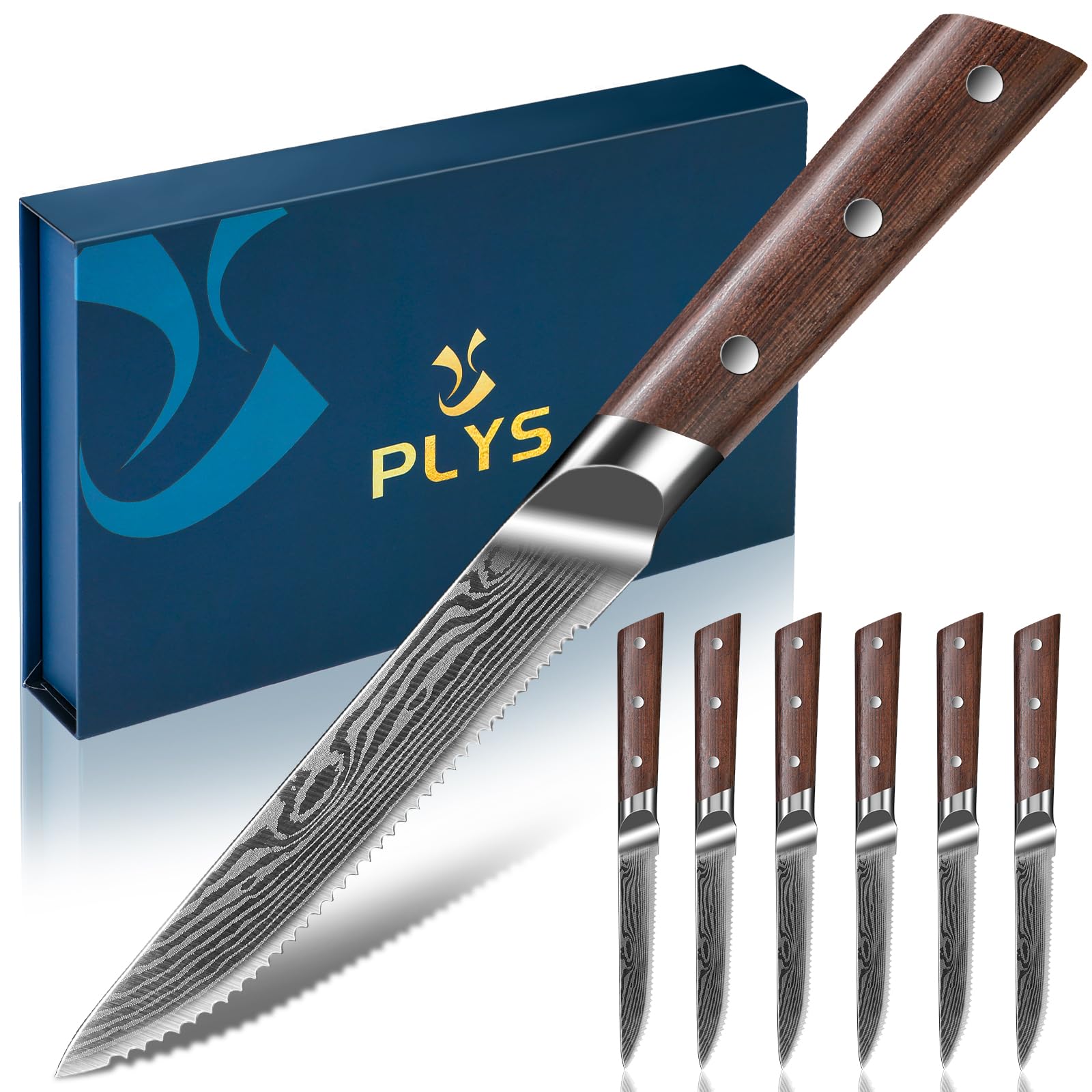 Plys Steak Knives Set of 6 Japanese: Serrated Knife Stainless Steel Steak Knife Set for Kitchen Dishwasher Safe Full Tang Design with Gift Box for Mother and Father