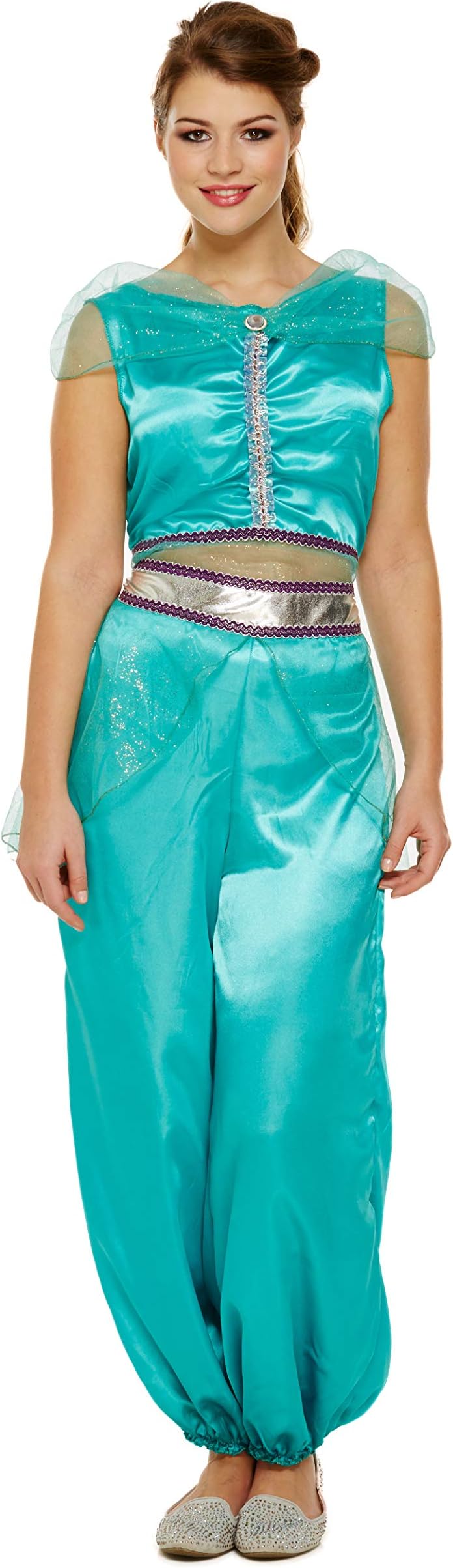 Emmas Wardrobe Arabian Princess Fancy Dress Costume Includes Blue Trousers, Blue Shorts and Blue Top with Gem - Arabian Costume or Genie Costume for Halloween - UK Sizes 6-12 (Women: 12, Blue)