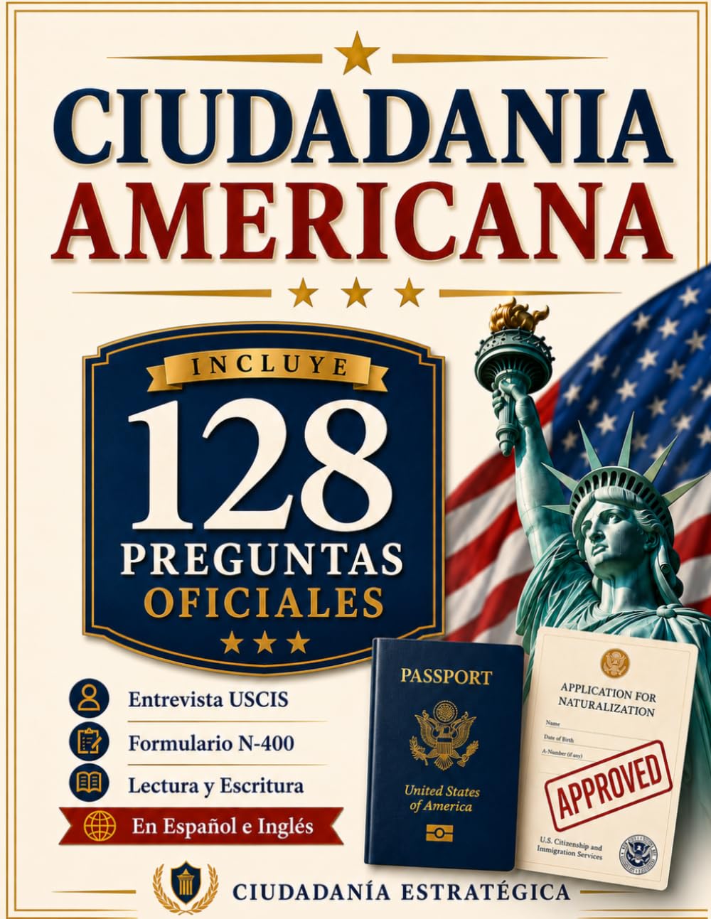 Ciudadanía Americana: Guía práctica y sencilla en español e inglés con las 128 preguntas oficiales, entrevista USCIS, Formulario N-400, lectura y escritura